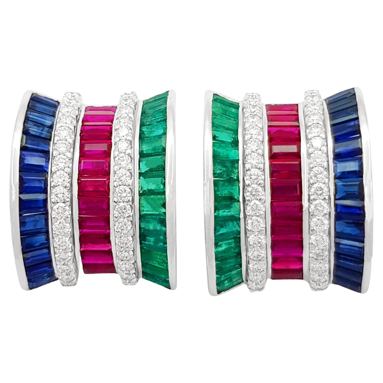 Ruby, Blue Sapphire, Emerald and Diamond Earrings set in 18K White Gold Settings For Sale