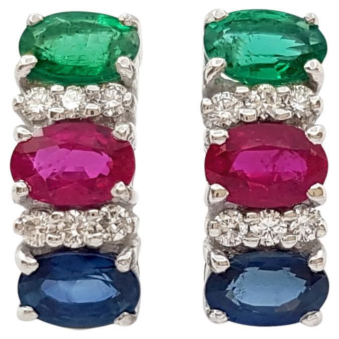 Ruby, Blue Sapphire, Emerald and Diamond Earrings set in 18K White Gold Settings For Sale