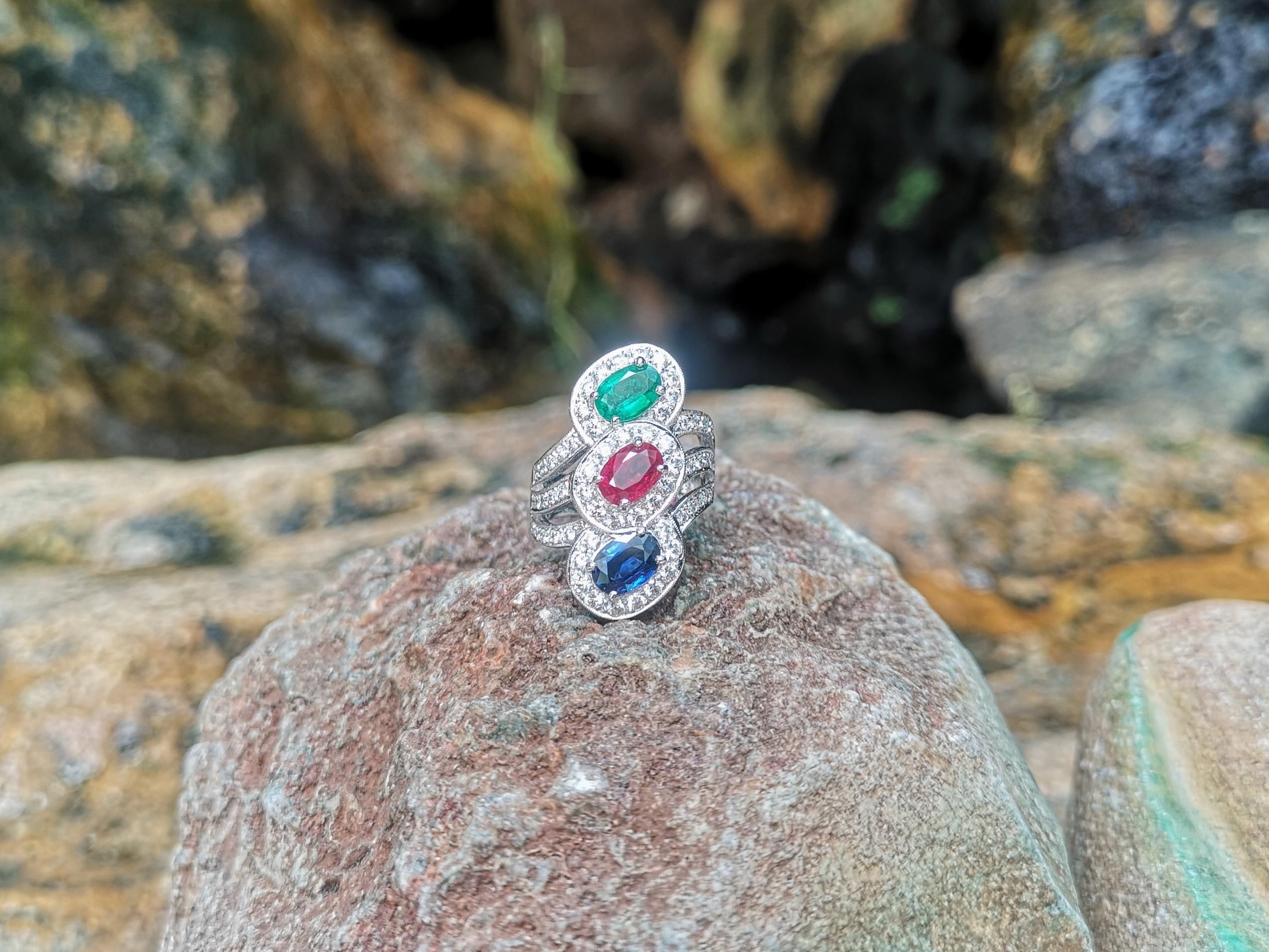 Ruby, Blue Sapphire, Emerald and Diamond Ring set in 18 Karat White Gold Setting For Sale 2