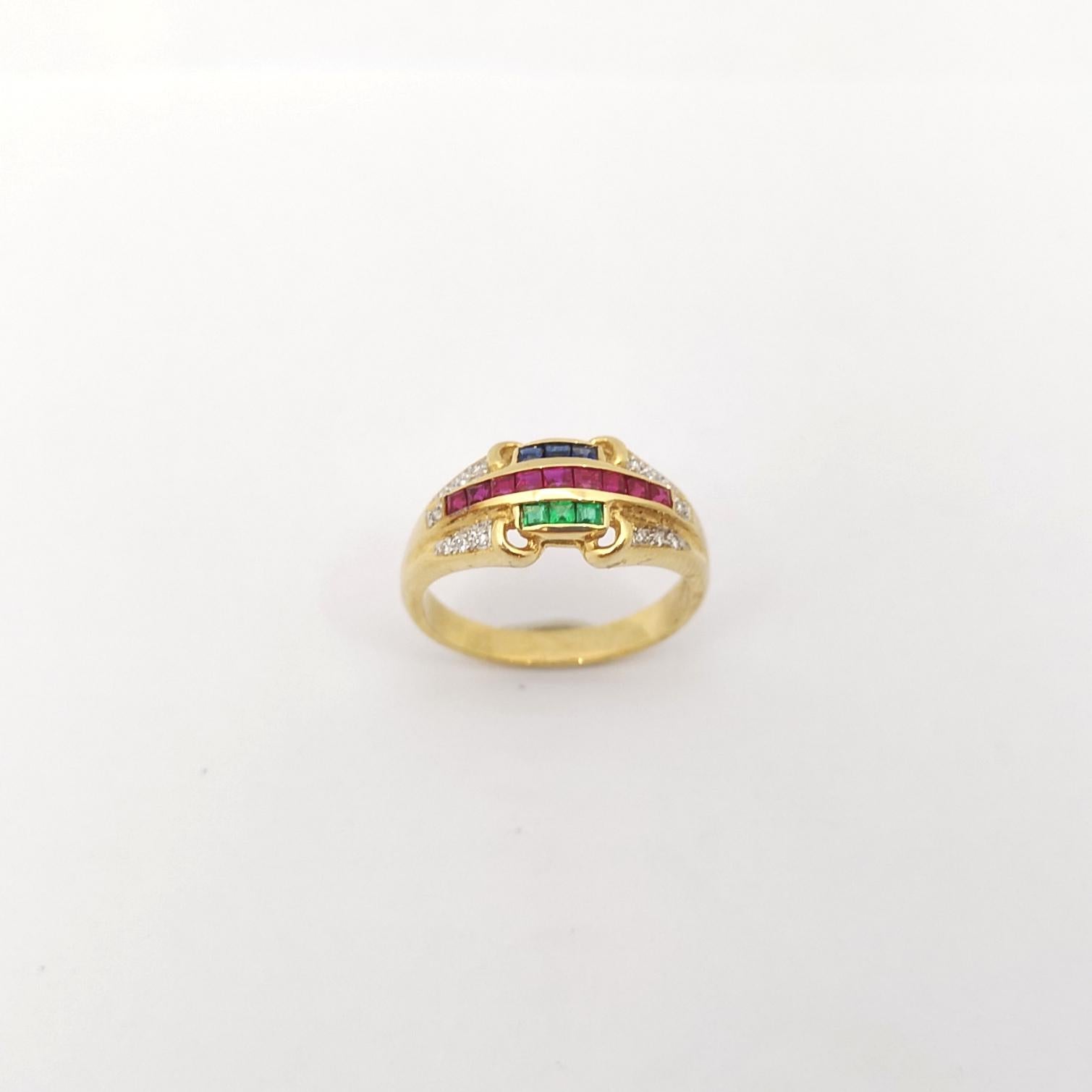 Ruby, Blue Sapphire, Emerald and Diamond Ring set in 18K Gold Settings For Sale 7