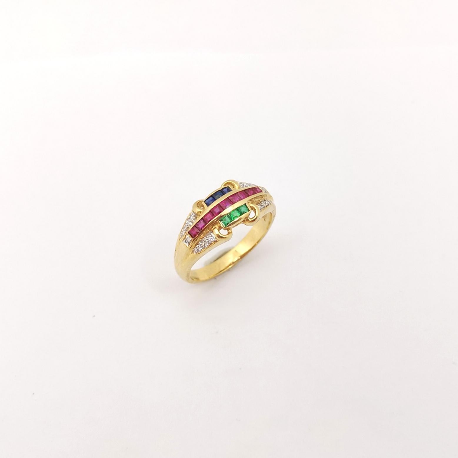 Ruby, Blue Sapphire, Emerald and Diamond Ring set in 18K Gold Settings For Sale 8