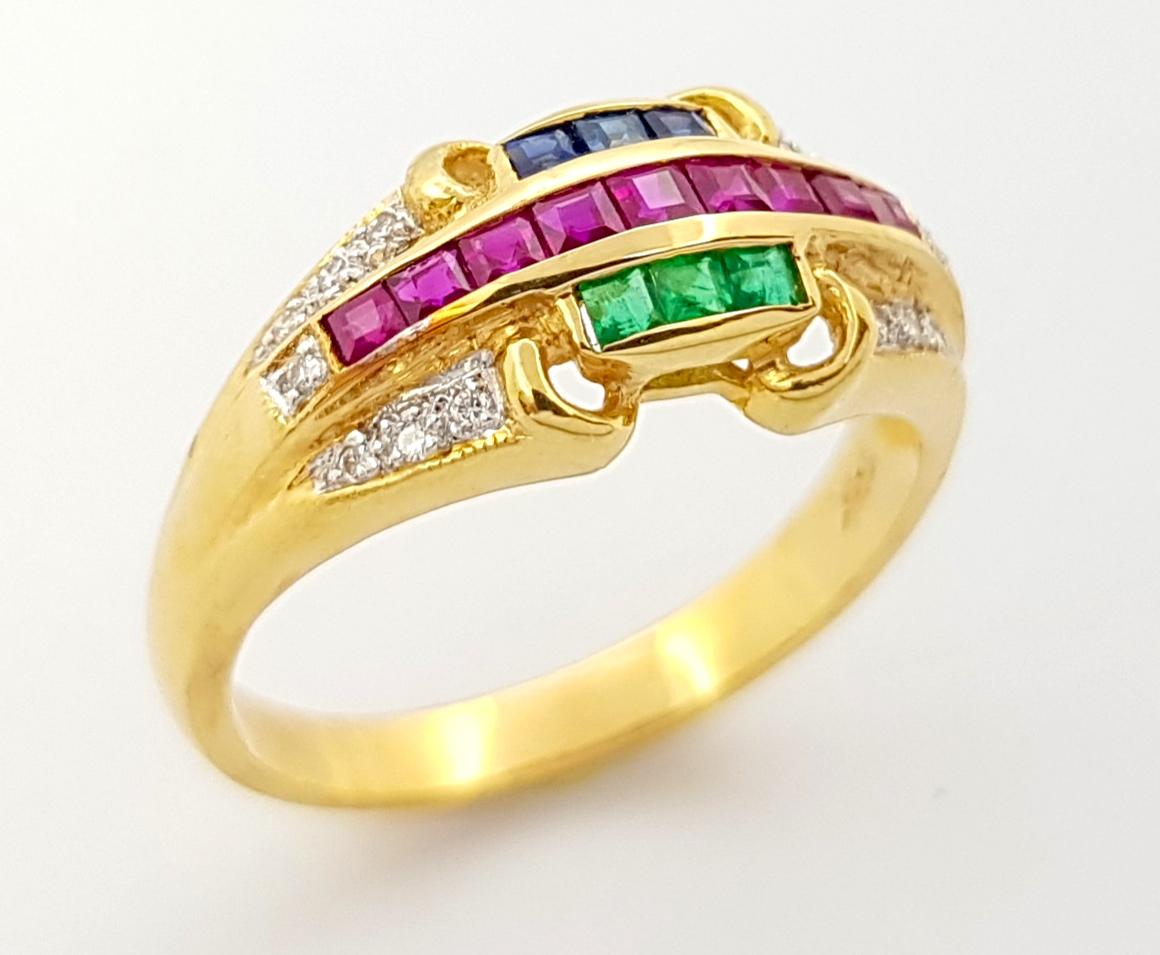 Ruby 0.50 carat, Blue Sapphire 0.15 carat, Emerald 0.15 carat and Diamond 0.06 carat Ring set in 18K Gold Settings

Width:  1.7 cm 
Length: 0.9 cm
Ring Size: 54
Total Weight: 3.91 grams

