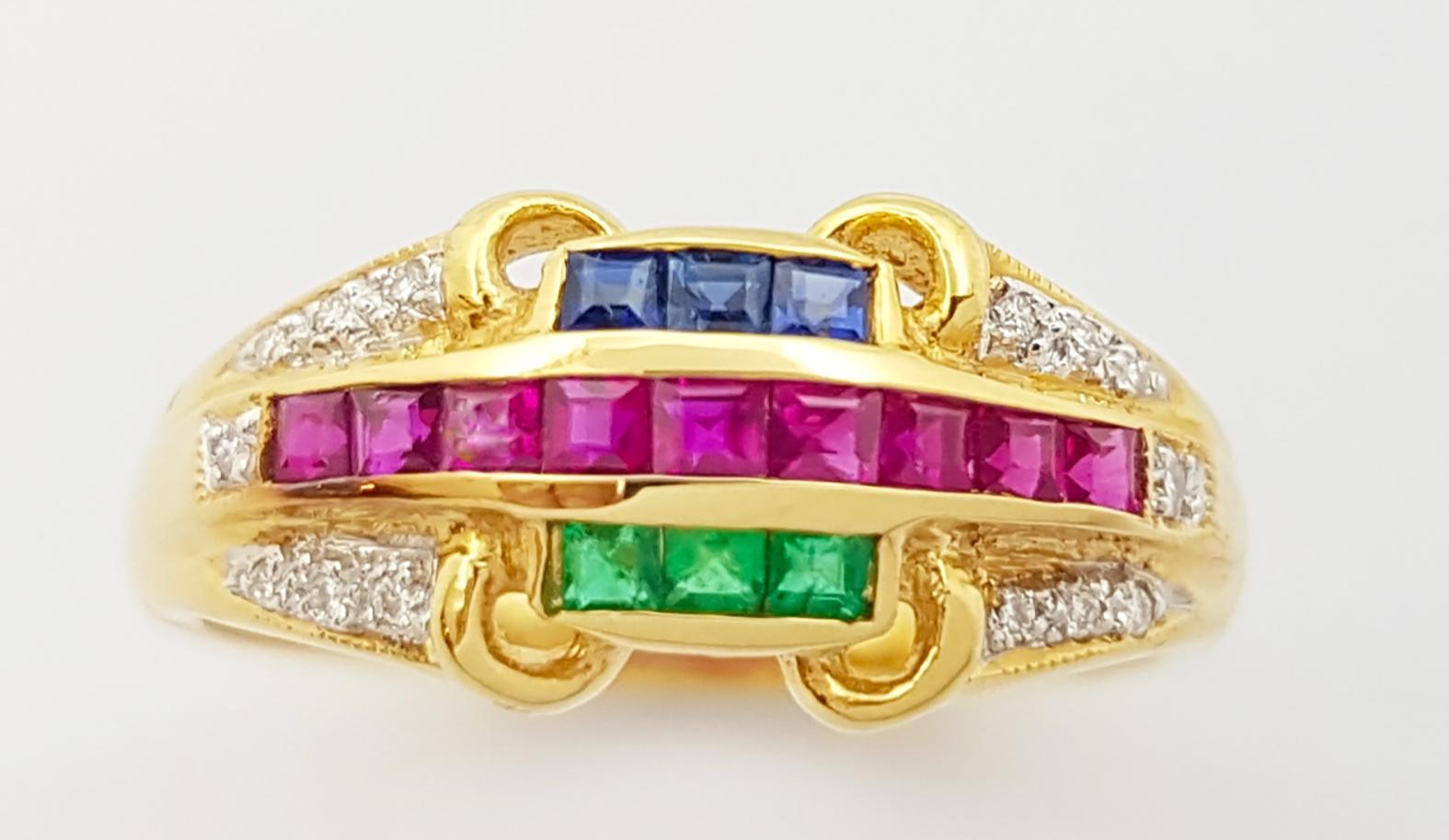 Contemporary Ruby, Blue Sapphire, Emerald and Diamond Ring set in 18K Gold Settings For Sale