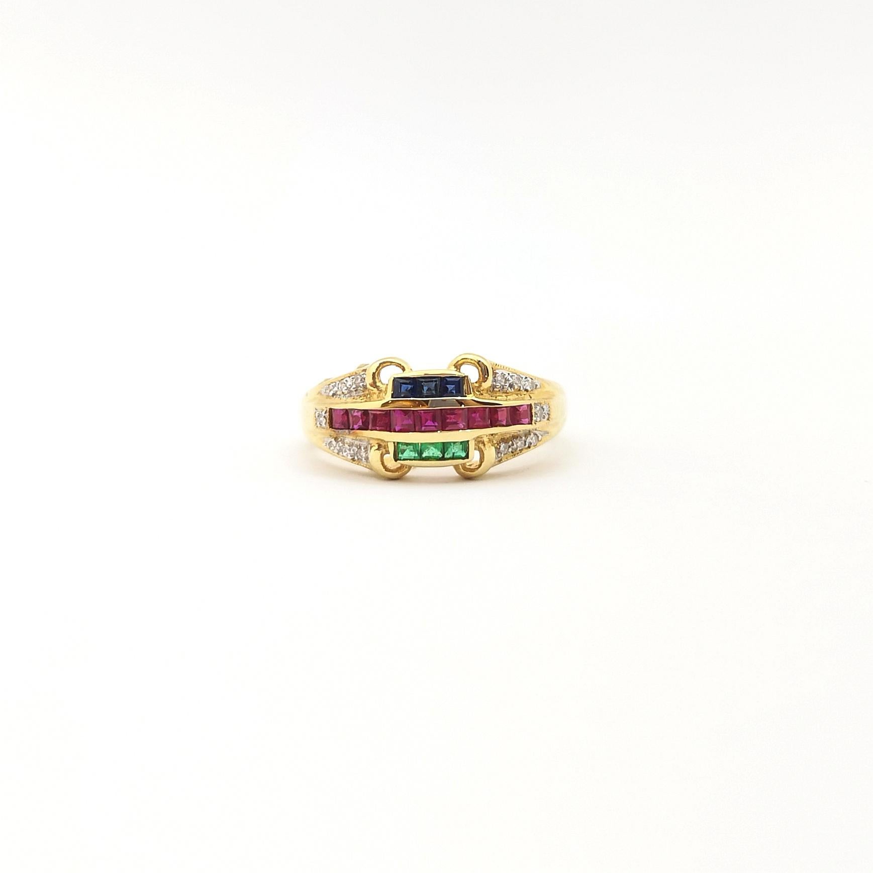 Ruby, Blue Sapphire, Emerald and Diamond Ring set in 18K Gold Settings For Sale 3