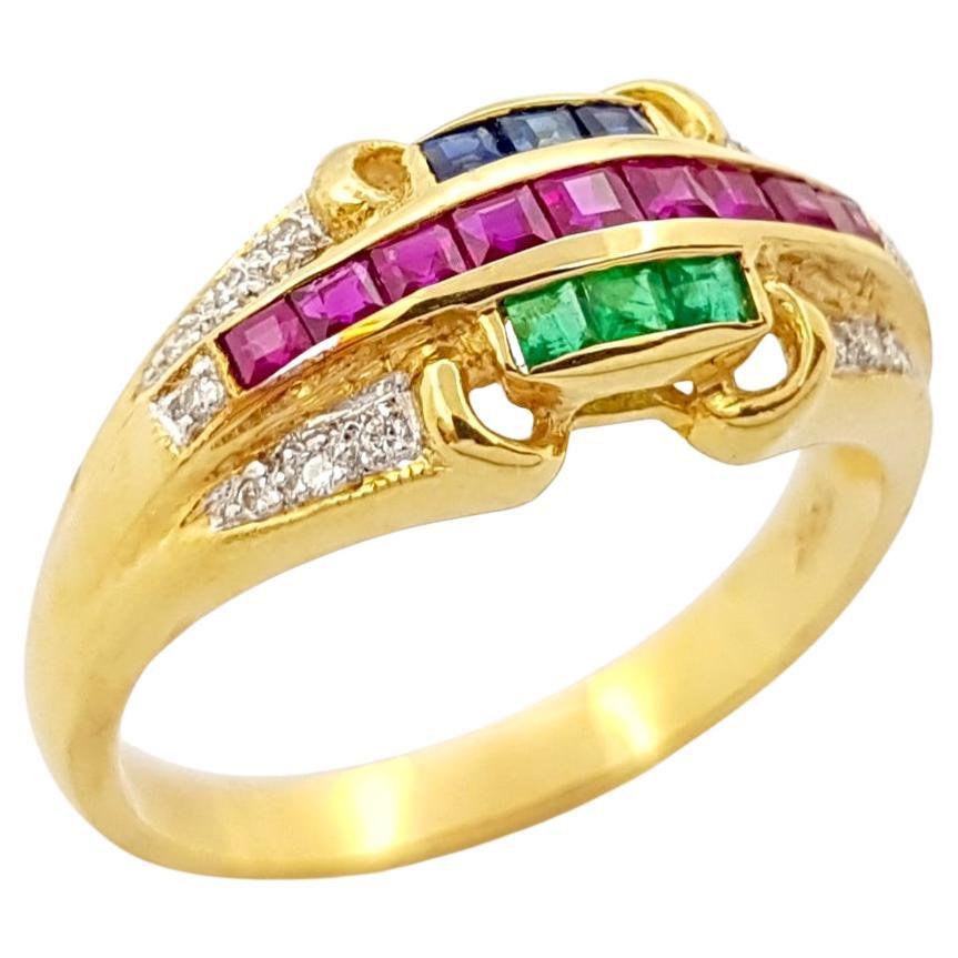 Ruby, Blue Sapphire, Emerald and Diamond Ring set in 18K Gold Settings For Sale