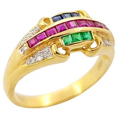 Ring mit Rubin, blauem Saphir, Smaragd und Diamant in 18 Karat Goldfassungen