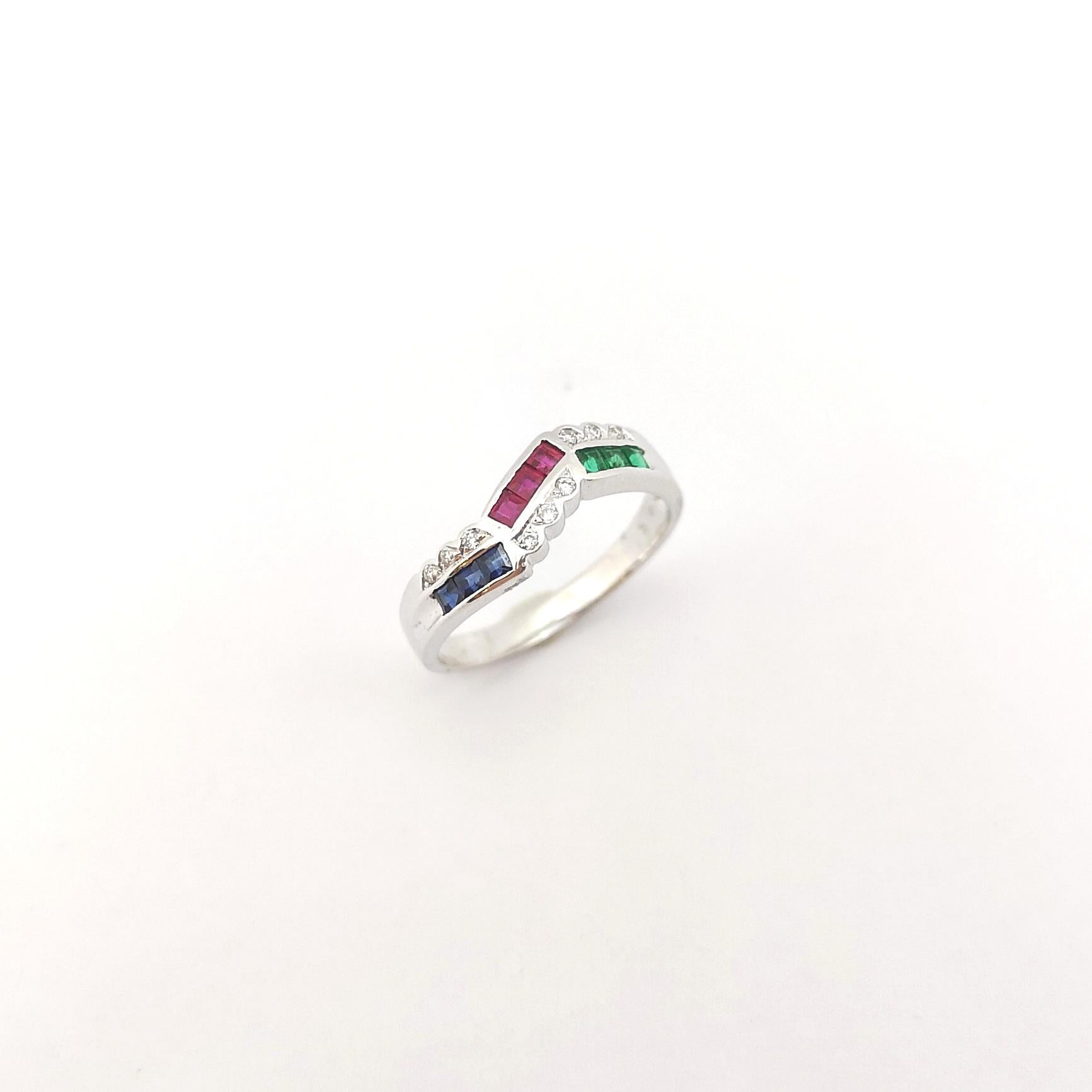 Ruby, Blue Sapphire, Emerald and Diamond Ring set in 18K White Gold Settings For Sale 4