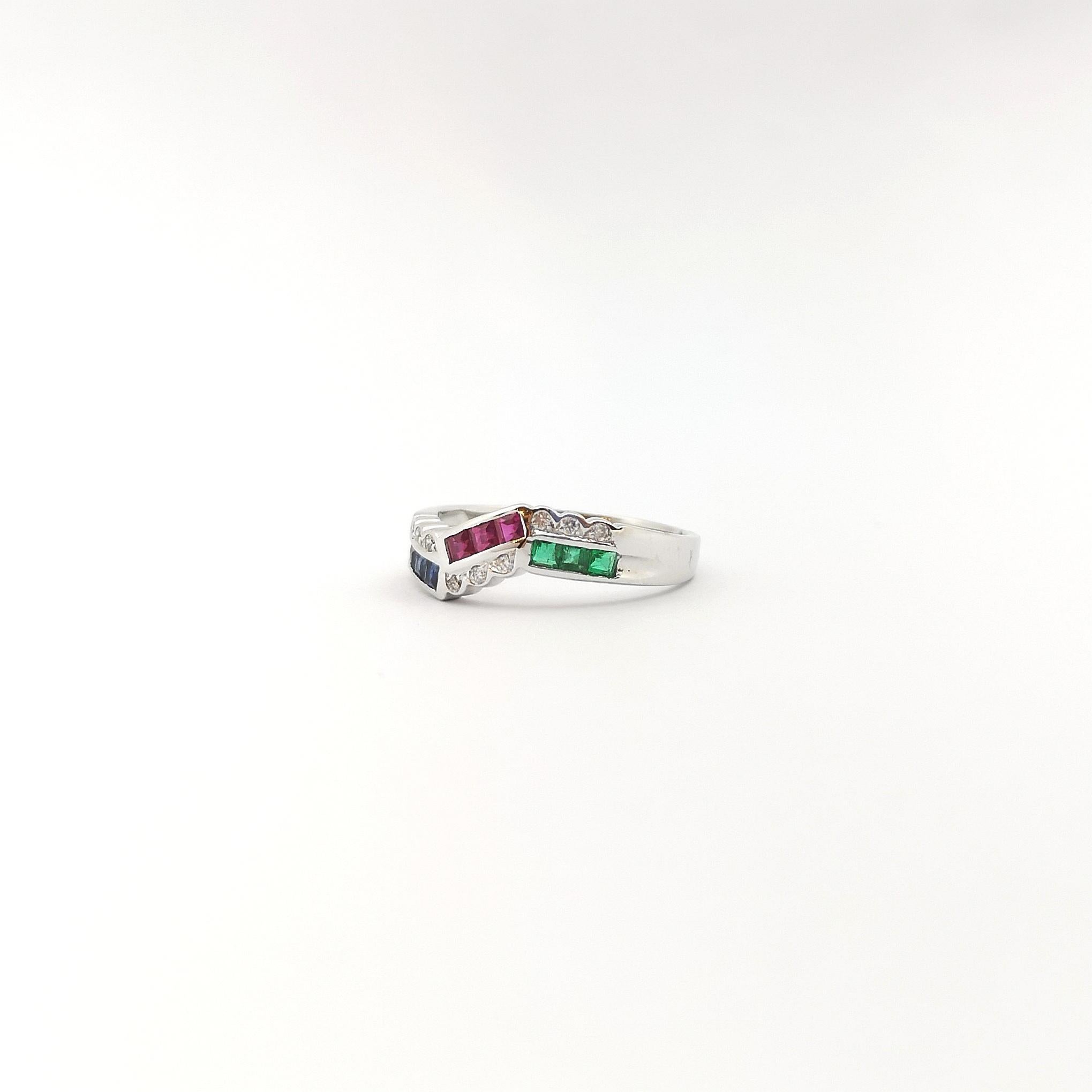 Ruby, Blue Sapphire, Emerald and Diamond Ring set in 18K White Gold Settings For Sale 5