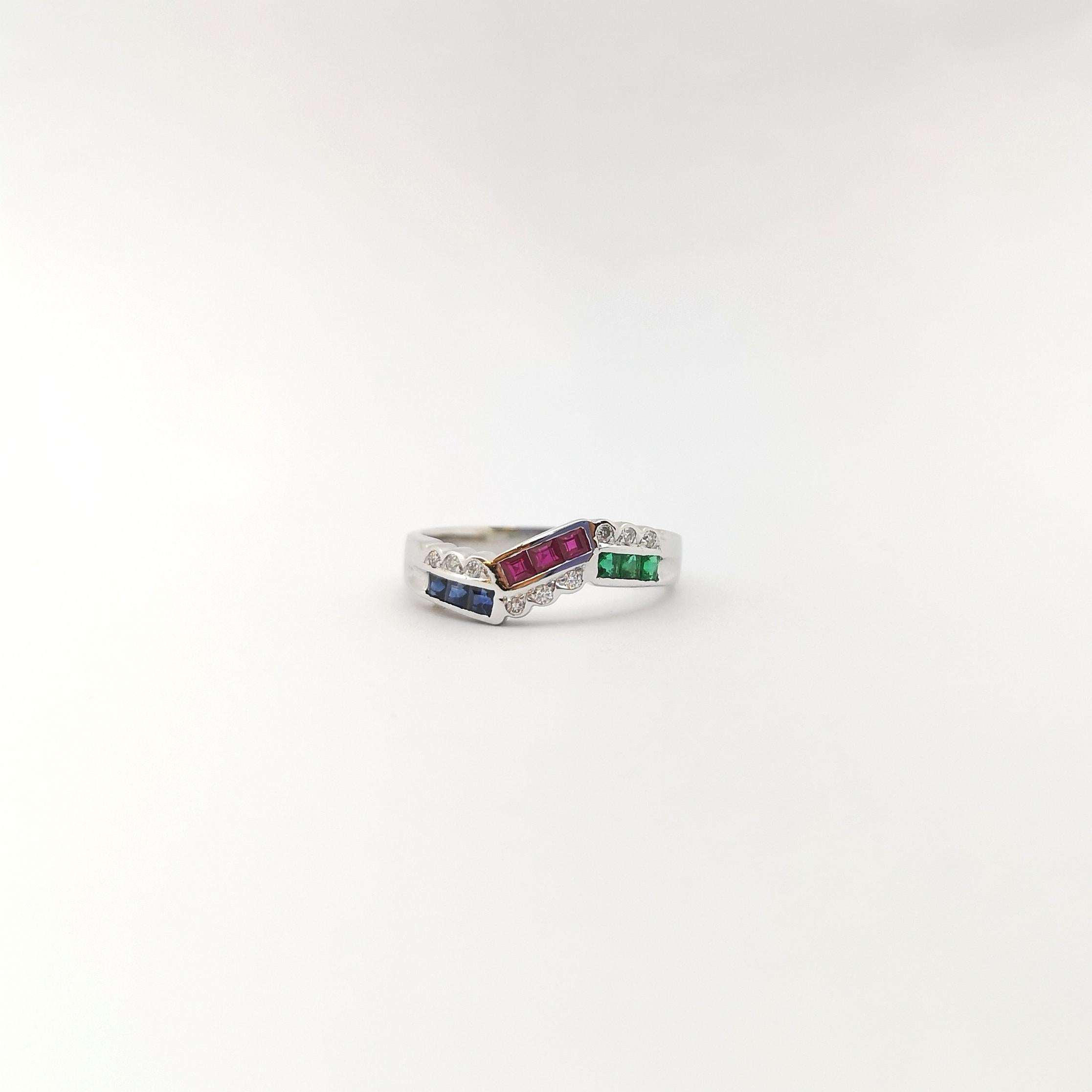 Ruby, Blue Sapphire, Emerald and Diamond Ring set in 18K White Gold Settings For Sale 1