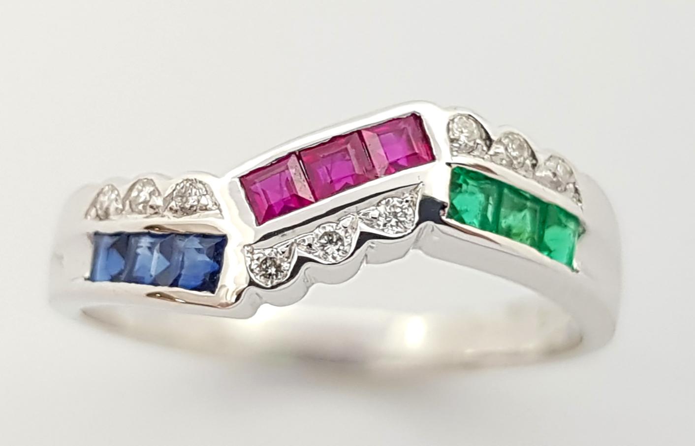 Ruby, Blue Sapphire, Emerald and Diamond Ring set in 18K White Gold Settings For Sale 2