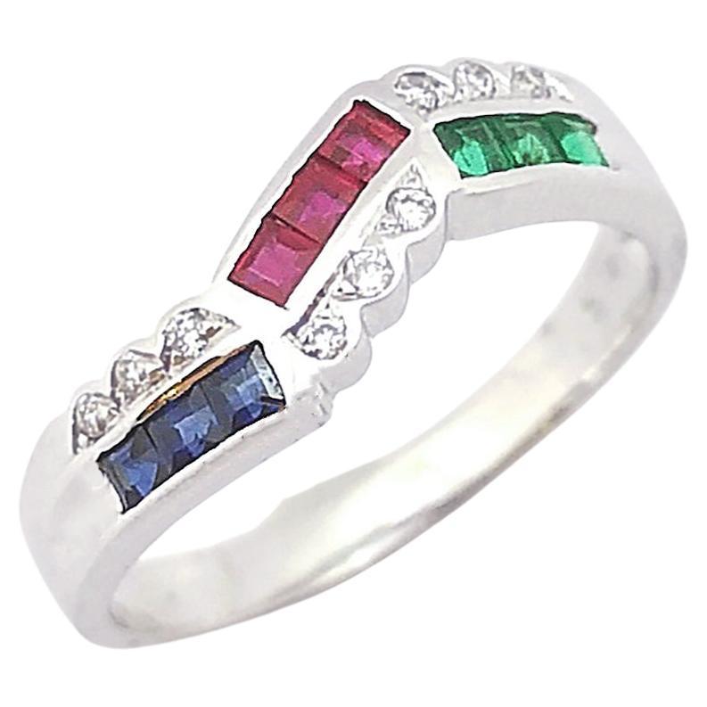 Ruby, Blue Sapphire, Emerald and Diamond Ring set in 18K White Gold Settings For Sale
