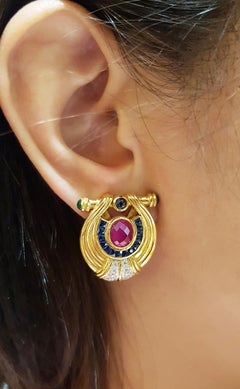 Ruby, Blue Sapphire, Emerald with Diamond Earrings Set in 18 Karat Gold Settings