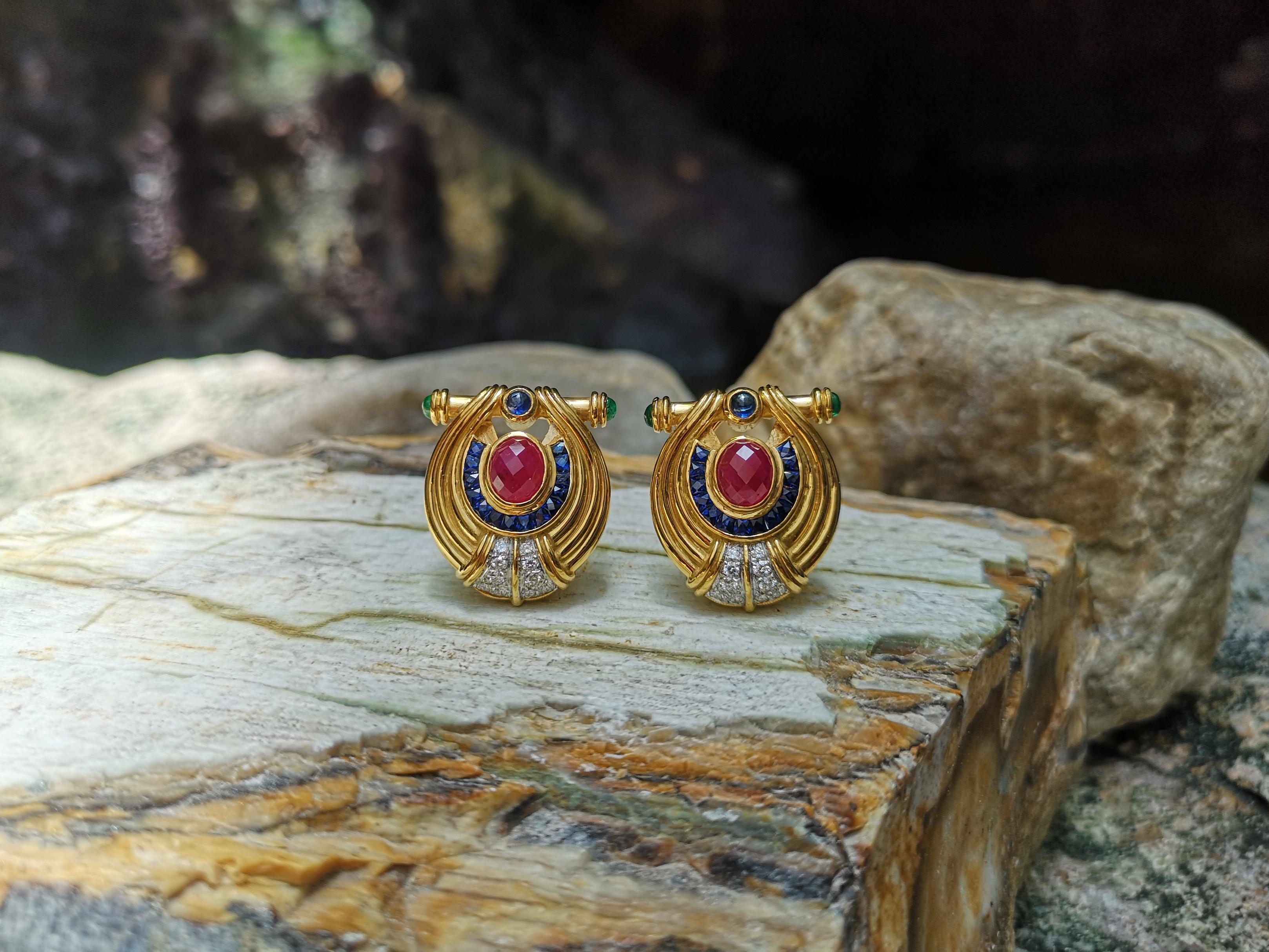 Contemporary Ruby, Blue Sapphire, Emerald with Diamond Earrings Set in 18 Karat Gold Settings For Sale