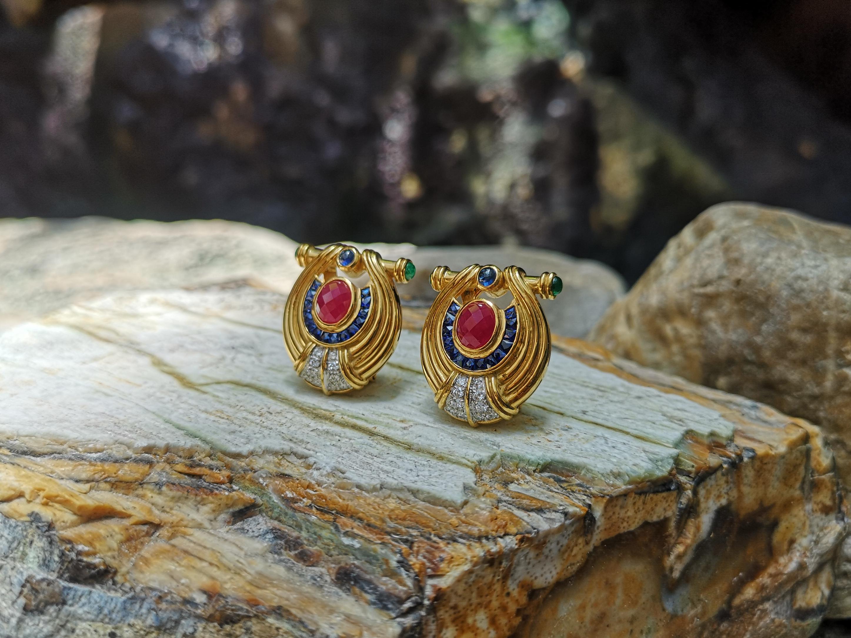 Cabochon Ruby, Blue Sapphire, Emerald with Diamond Earrings Set in 18 Karat Gold Settings For Sale
