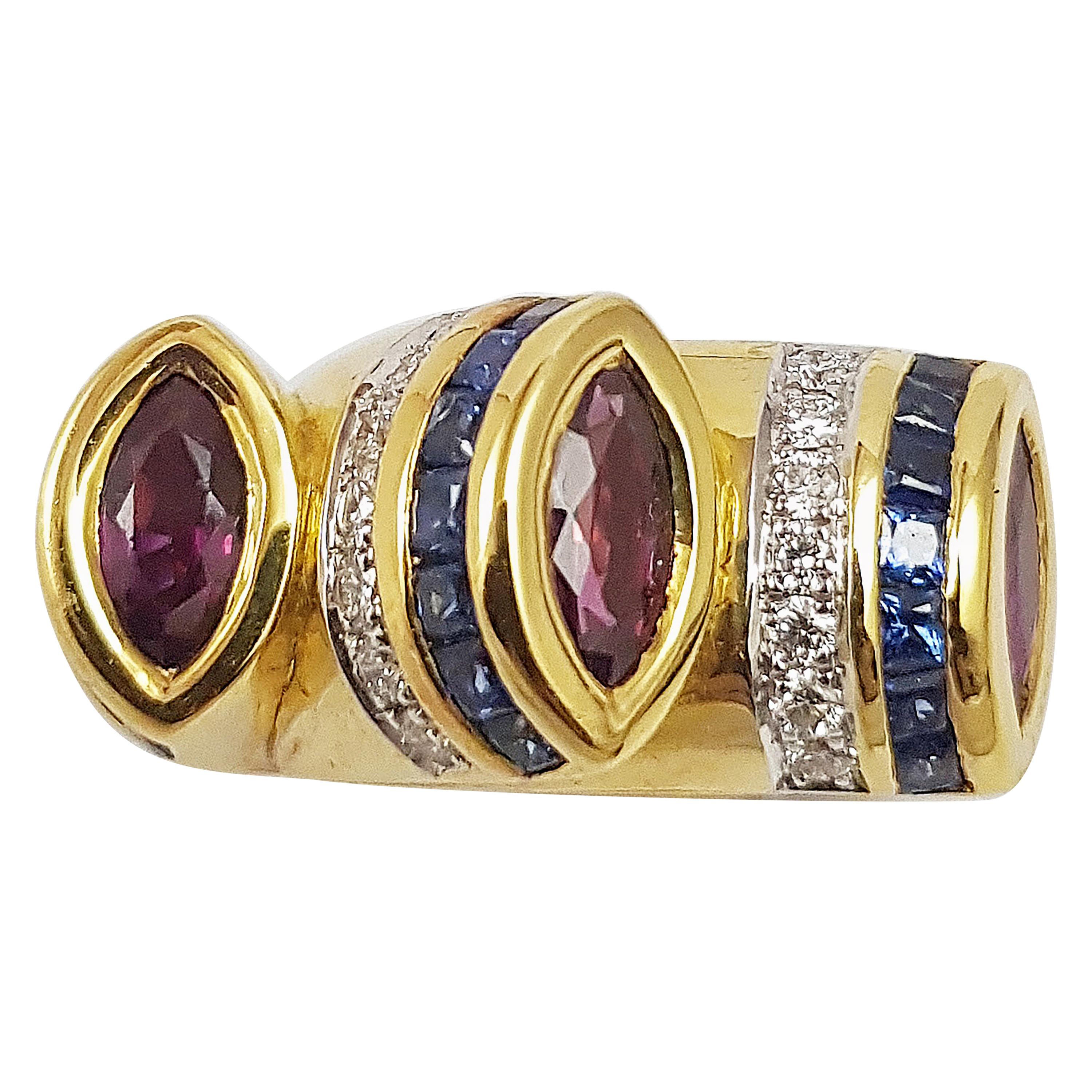 Ruby, Blue Sapphire with Diamond Ring Set in 18 Karat Gold Settings For Sale