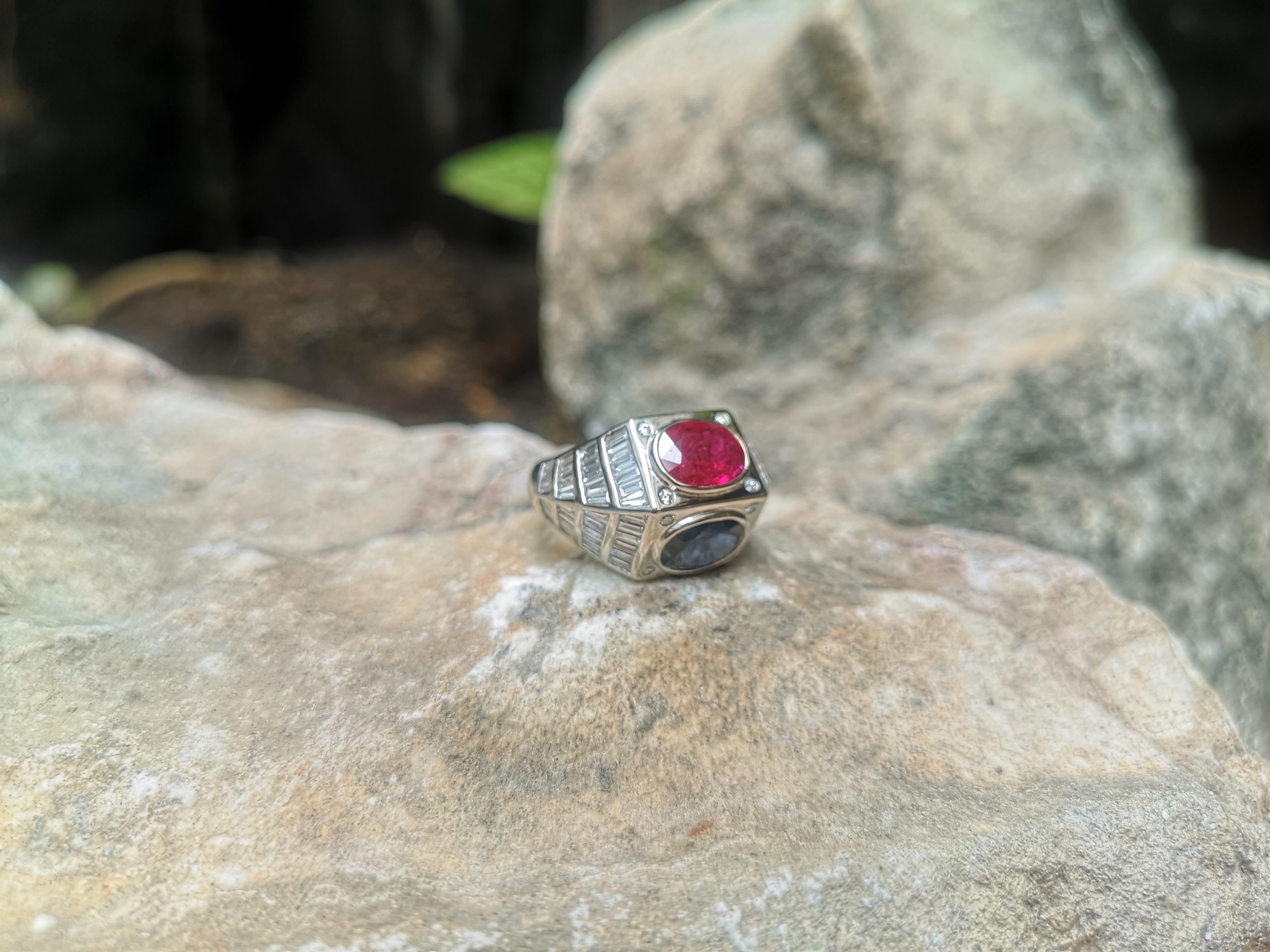Ruby, Blue Sapphire with Diamond Ring Set in 18 Karat White Gold Settings For Sale 1