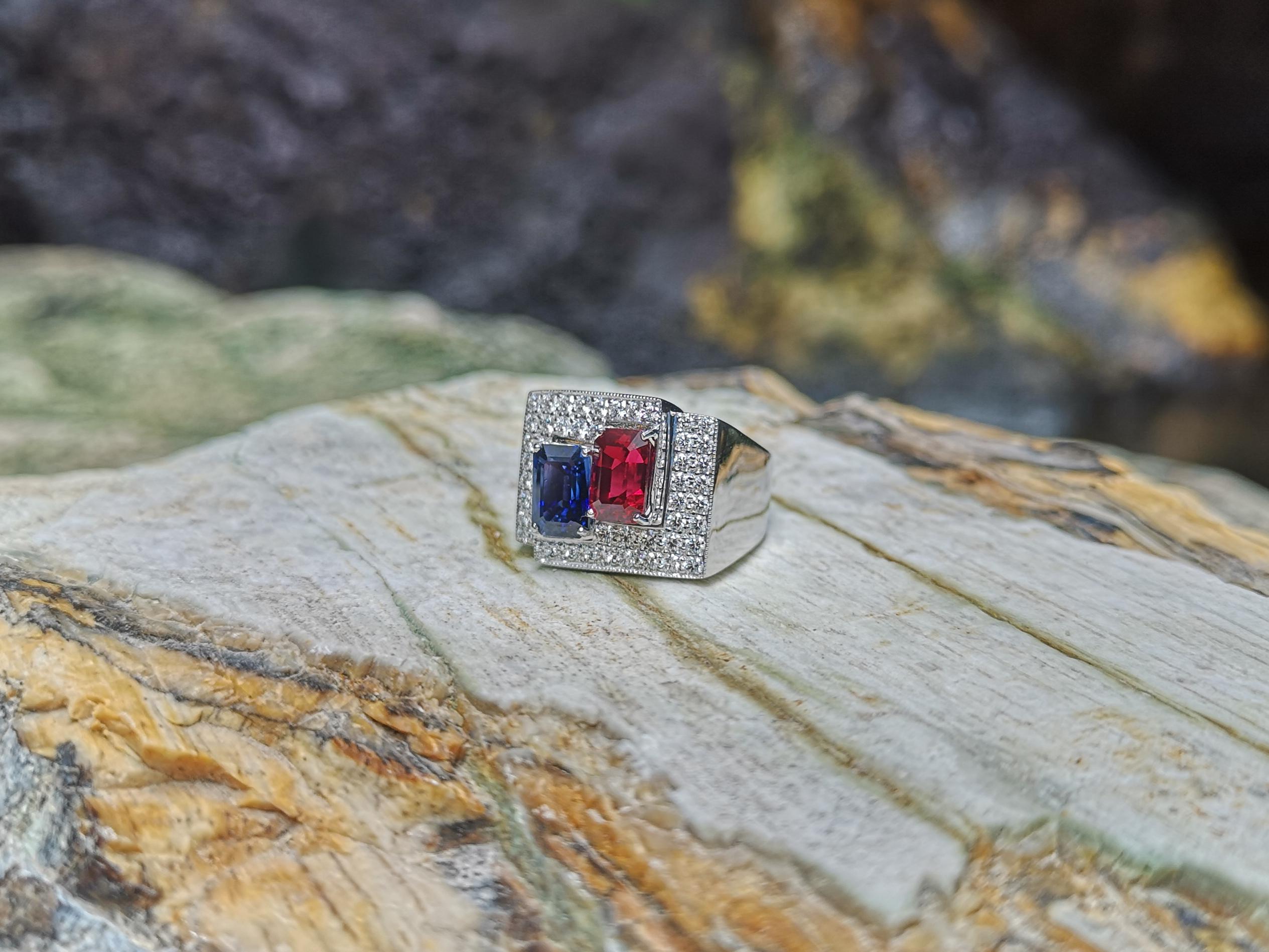Ruby, Blue Sapphire with Diamond Ring Set in 18 Karat White Gold Settings For Sale 4