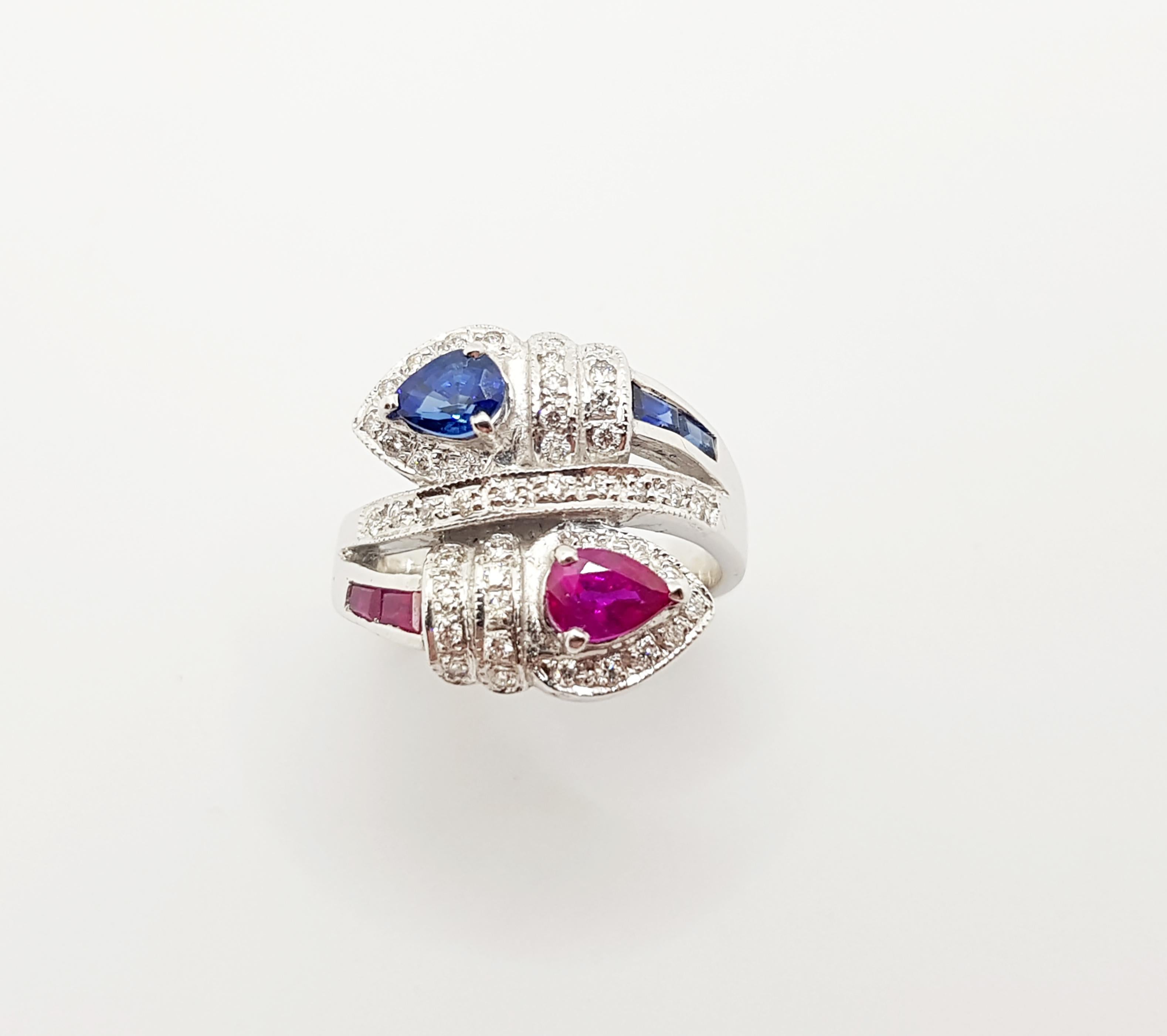 Ruby, Blue Sapphire with Diamond Ring Set in 18 Karat White Gold Settings For Sale 4