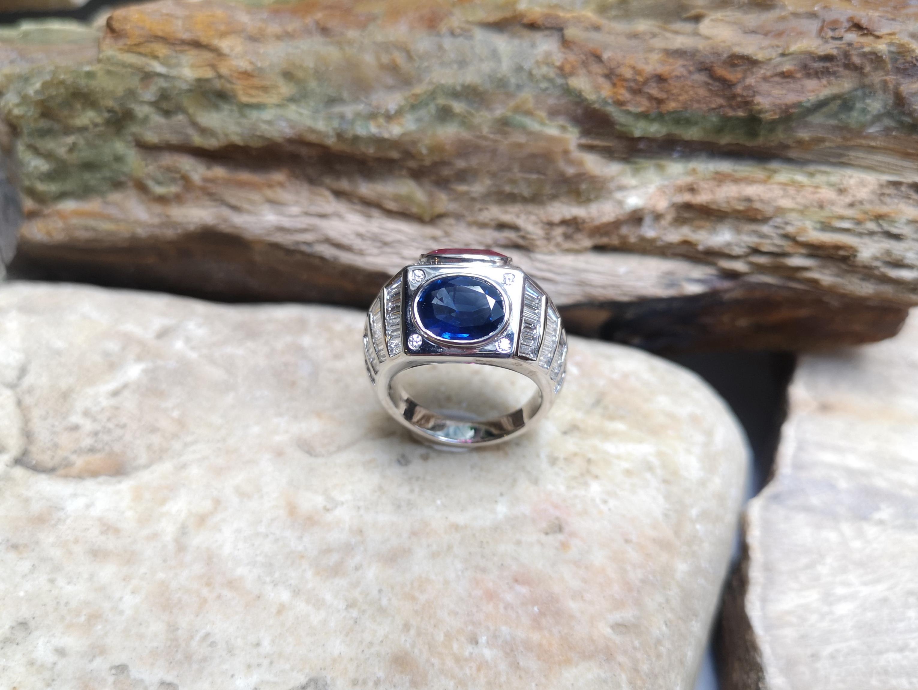 Ruby, Blue Sapphire with Diamond Ring Set in 18 Karat White Gold Settings For Sale 4