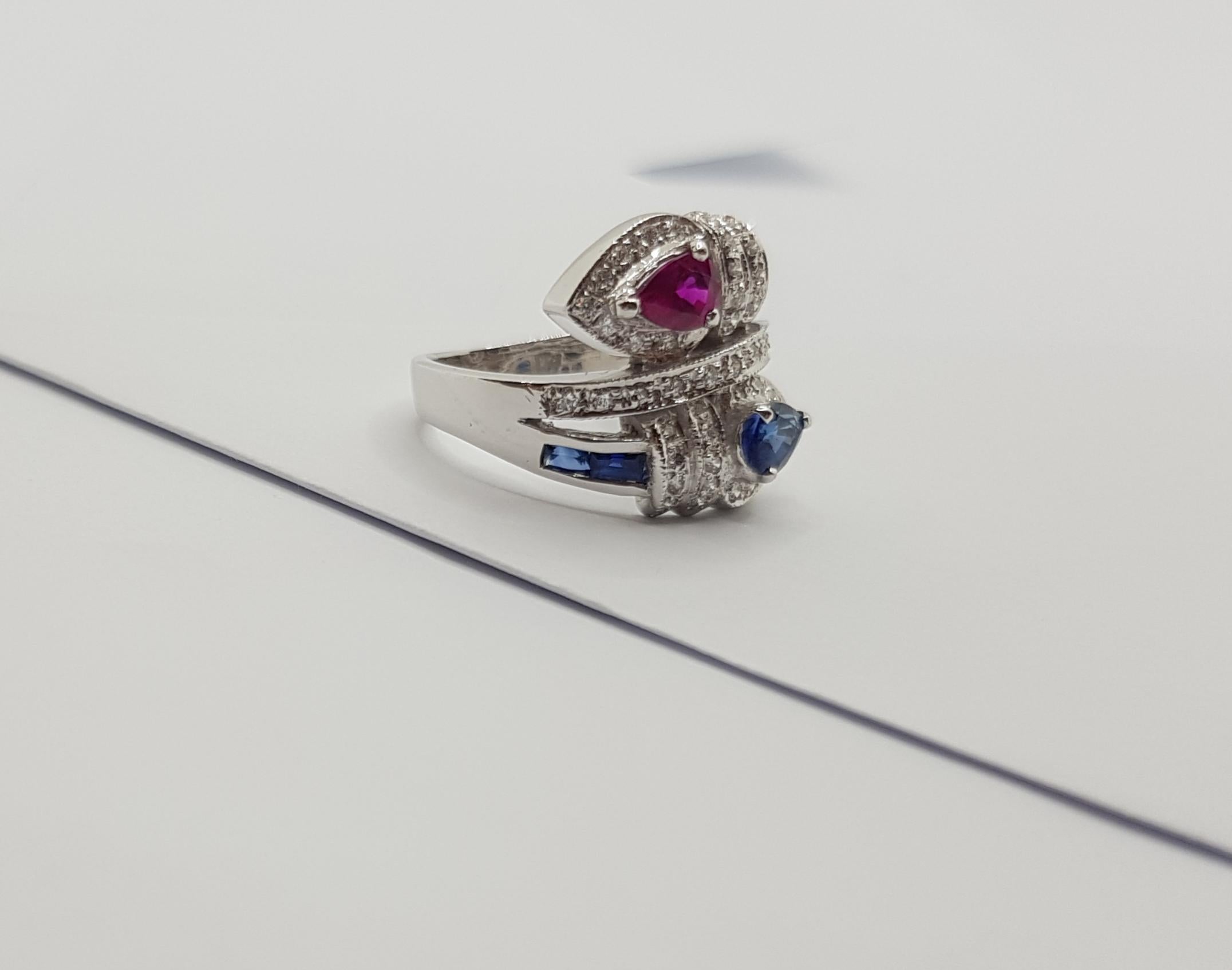 Ruby, Blue Sapphire with Diamond Ring Set in 18 Karat White Gold Settings For Sale 6