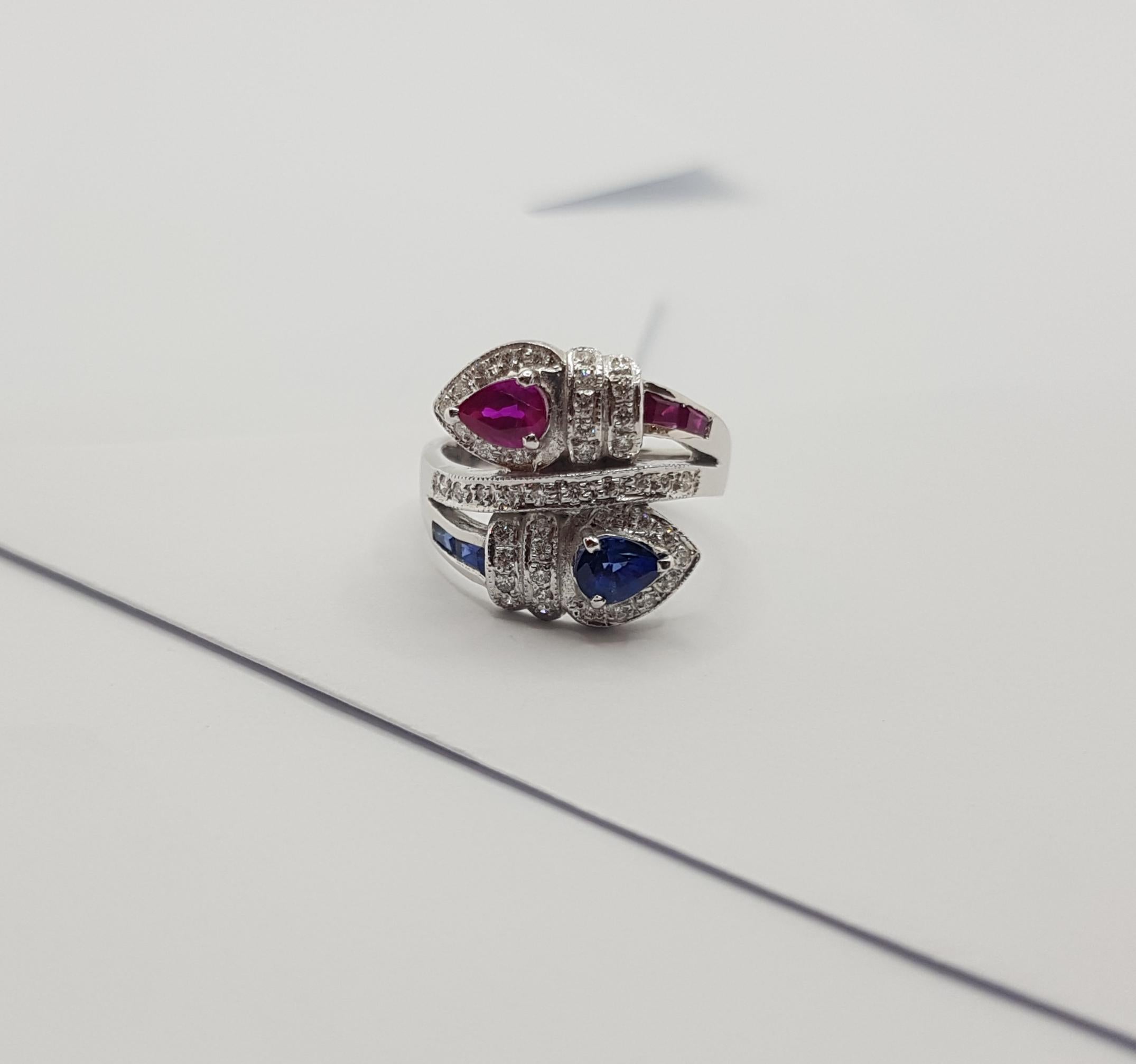 Ruby, Blue Sapphire with Diamond Ring Set in 18 Karat White Gold Settings For Sale 7