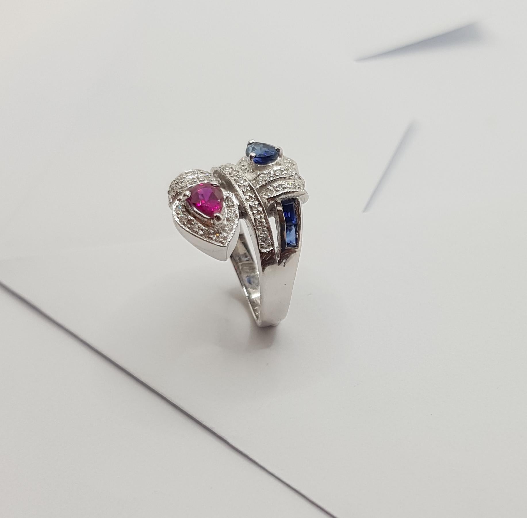 Ruby, Blue Sapphire with Diamond Ring Set in 18 Karat White Gold Settings For Sale 9
