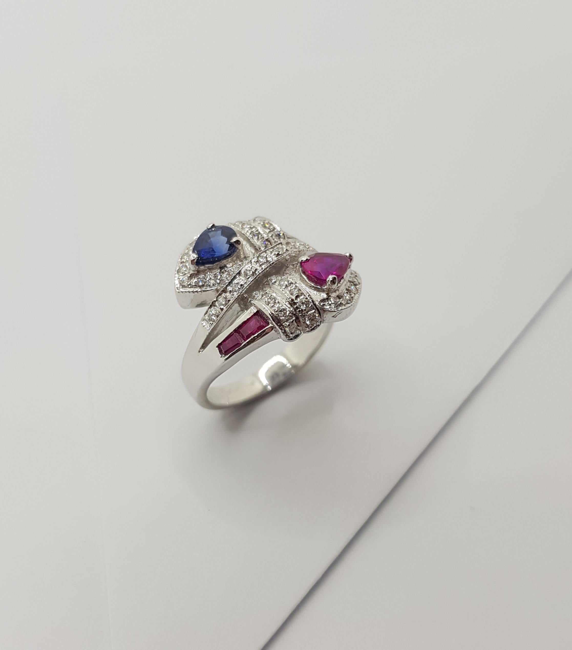 Ruby, Blue Sapphire with Diamond Ring Set in 18 Karat White Gold Settings For Sale 10