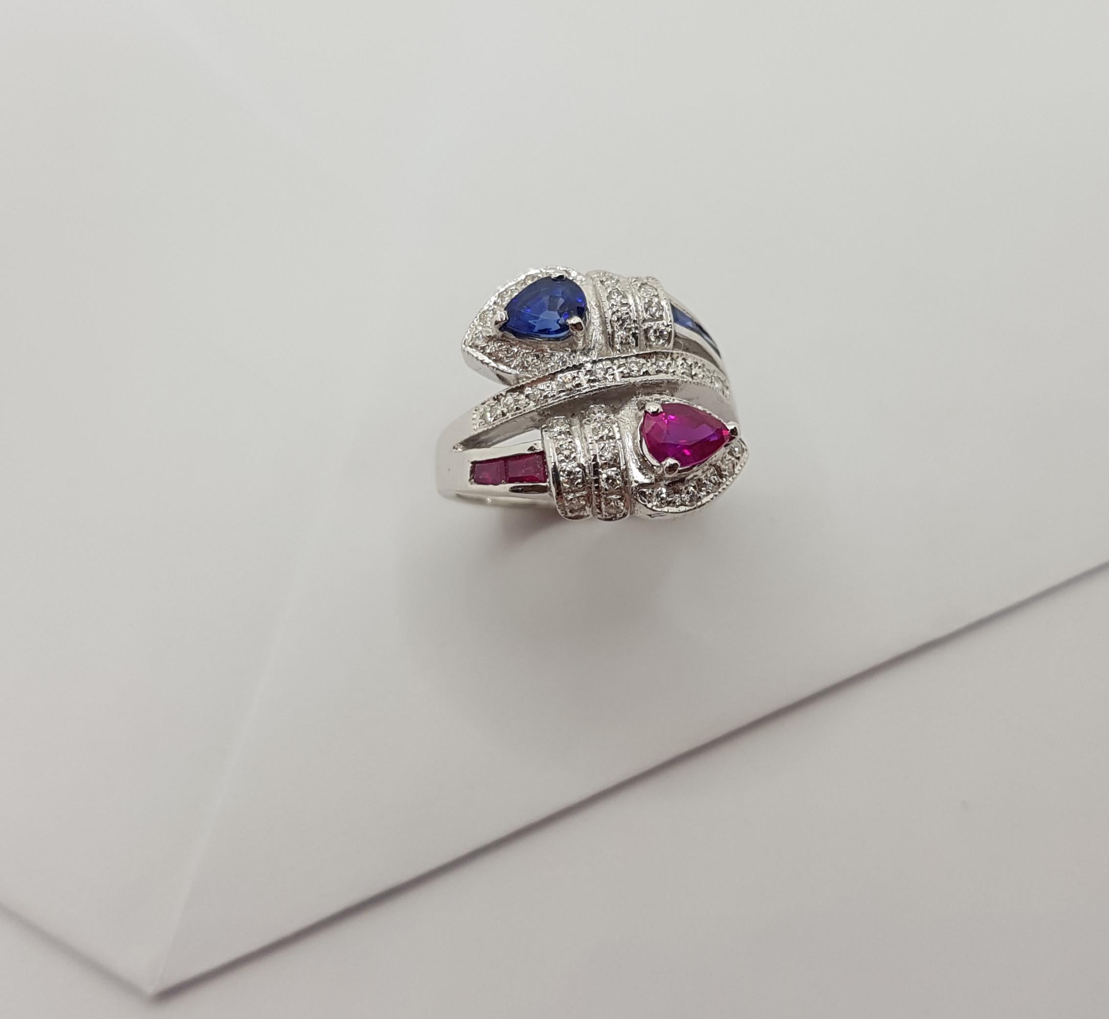 Ruby, Blue Sapphire with Diamond Ring Set in 18 Karat White Gold Settings For Sale 11