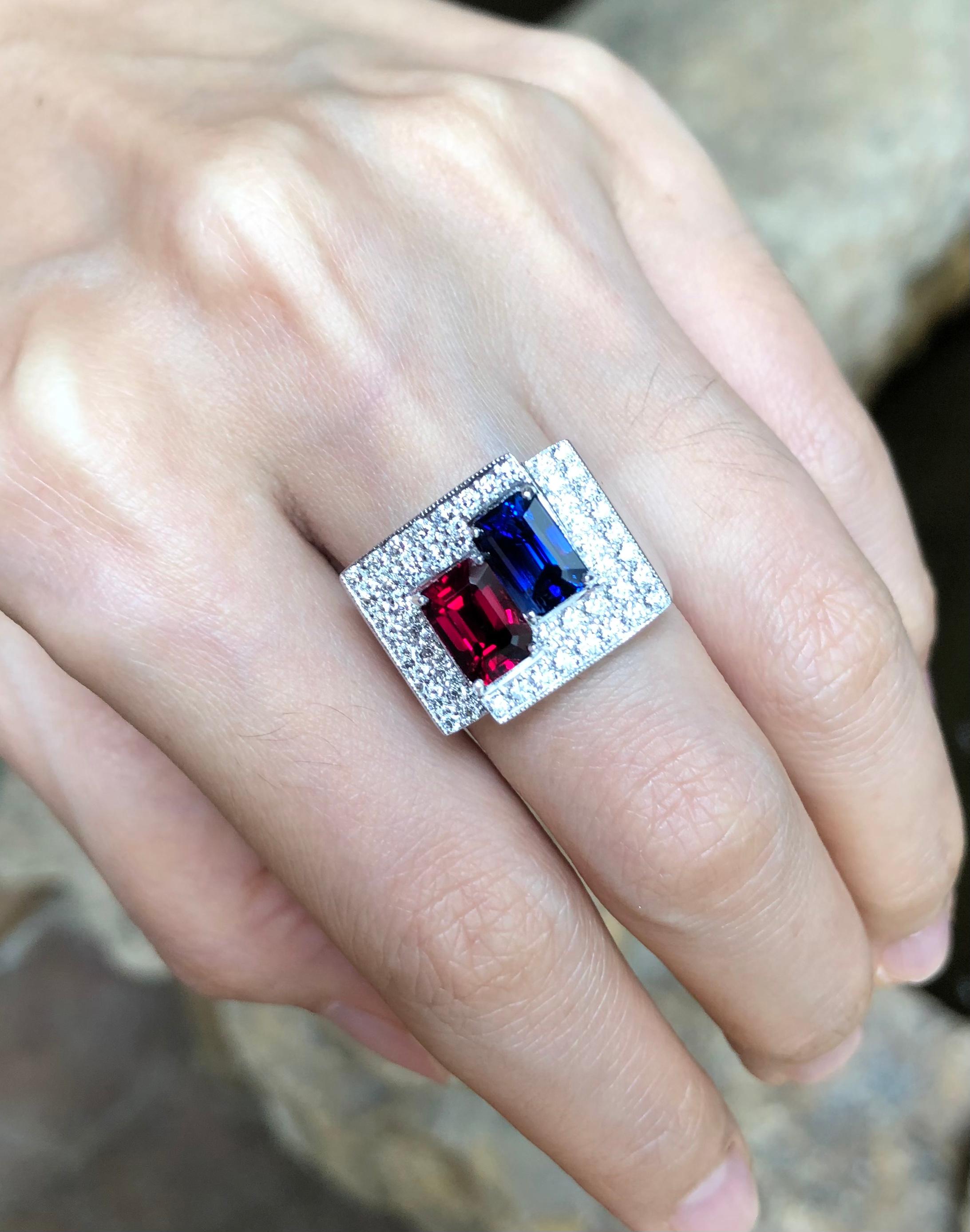 Ruby 2.02 carats, Blue Sapphire 1.66 carats with Diamond 0.79 carat Ring set in 18 Karat White Gold Settings

Width:  1.8 cm 
Length:  1.4 cm
Ring Size: 51
Total Weight: 14.51 grams

