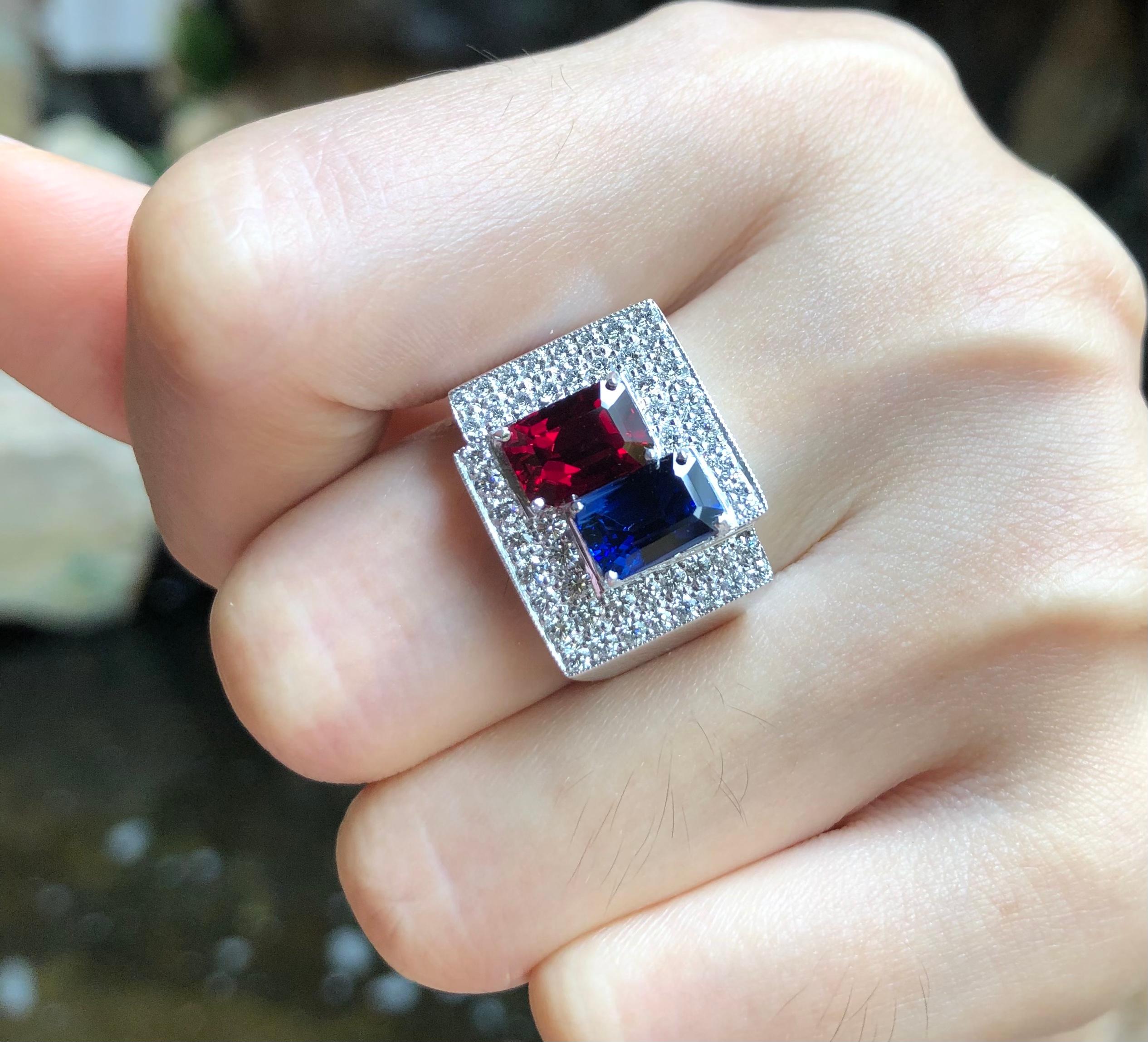 Emerald Cut Ruby, Blue Sapphire with Diamond Ring Set in 18 Karat White Gold Settings For Sale