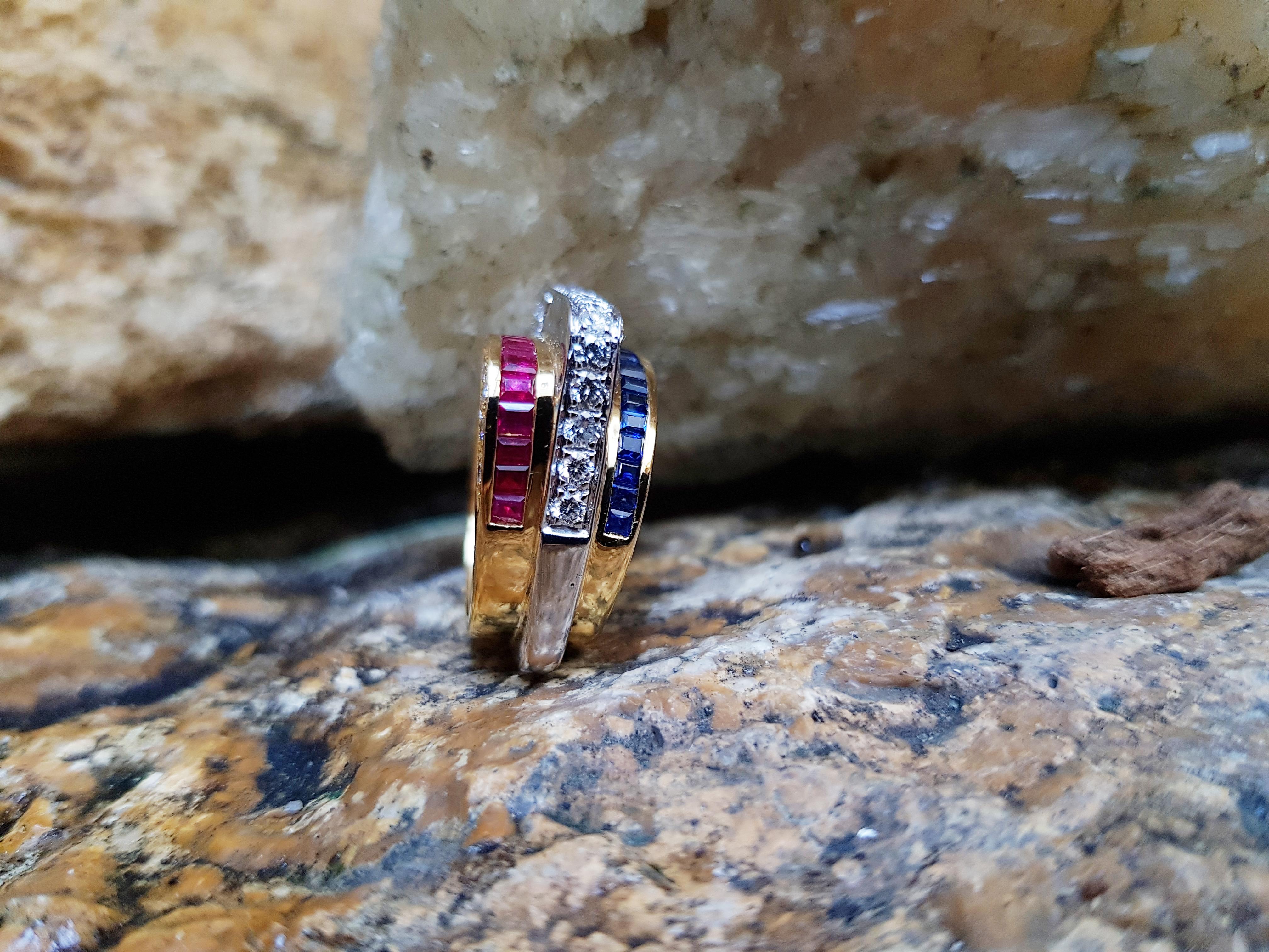 Women's Ruby, Blue Sapphire with Diamond Ring Set in 18 Karat White Gold Settings For Sale