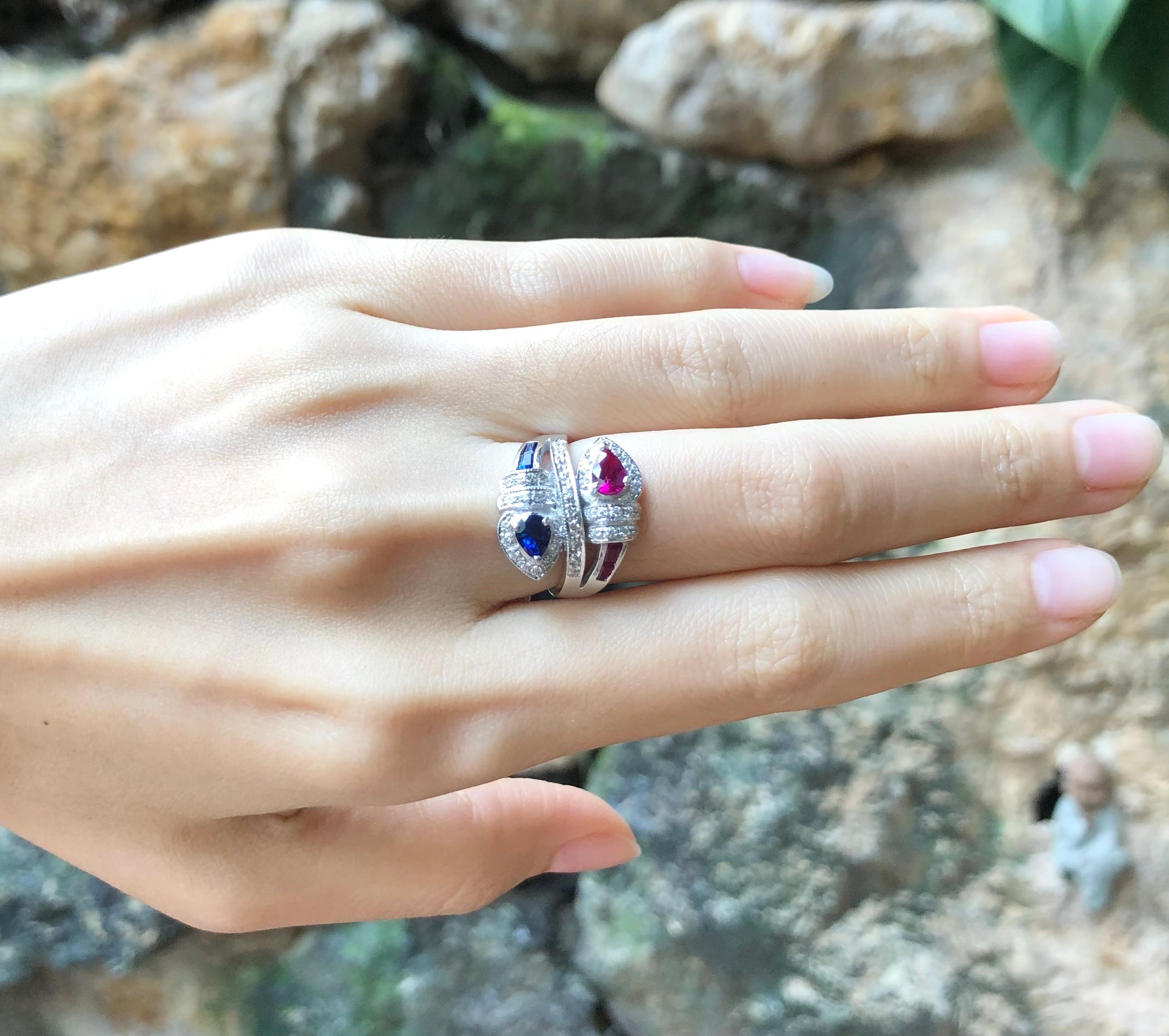 Mixed Cut Ruby, Blue Sapphire with Diamond Ring Set in 18 Karat White Gold Settings For Sale
