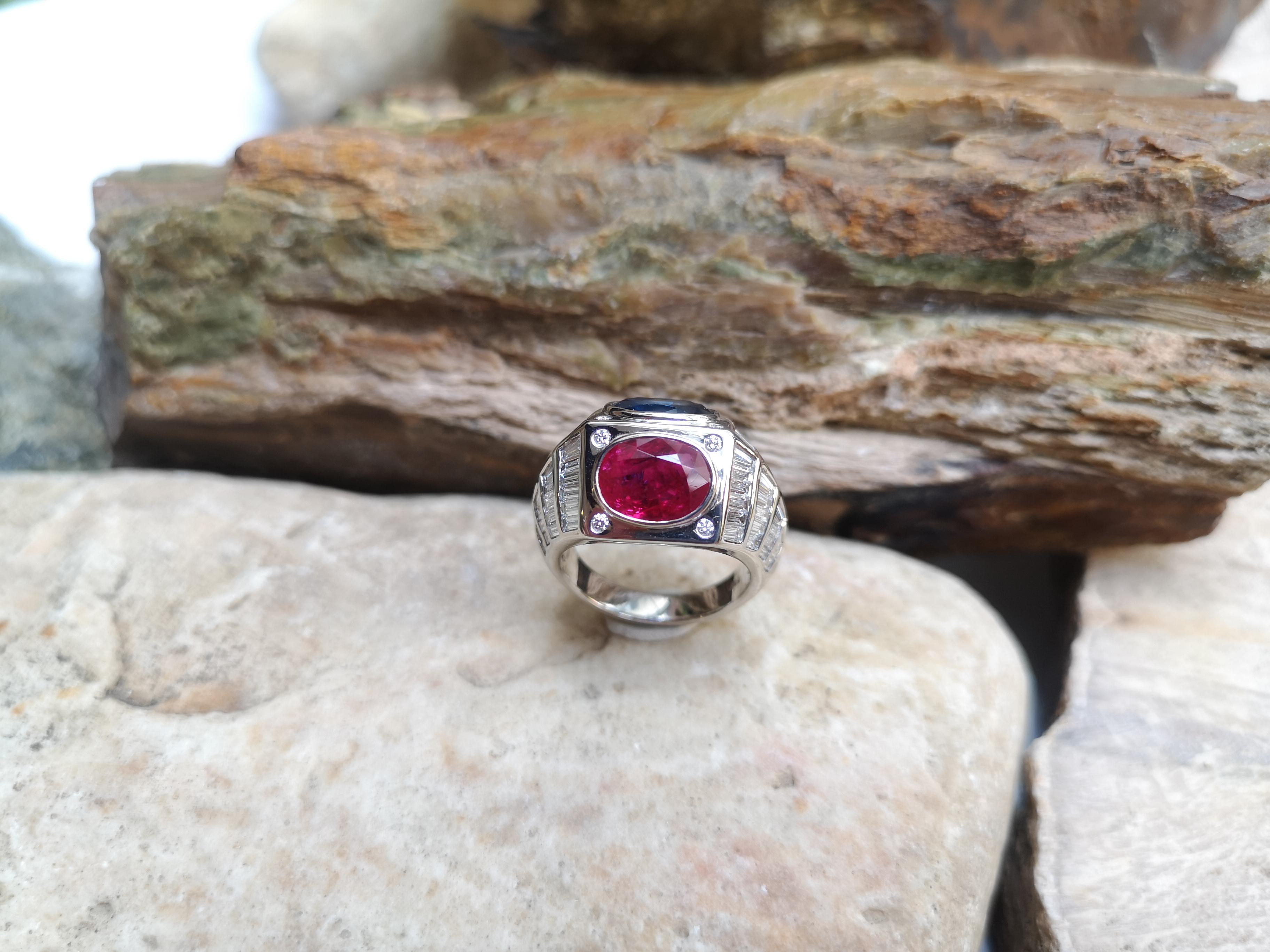 Oval Cut Ruby, Blue Sapphire with Diamond Ring Set in 18 Karat White Gold Settings For Sale