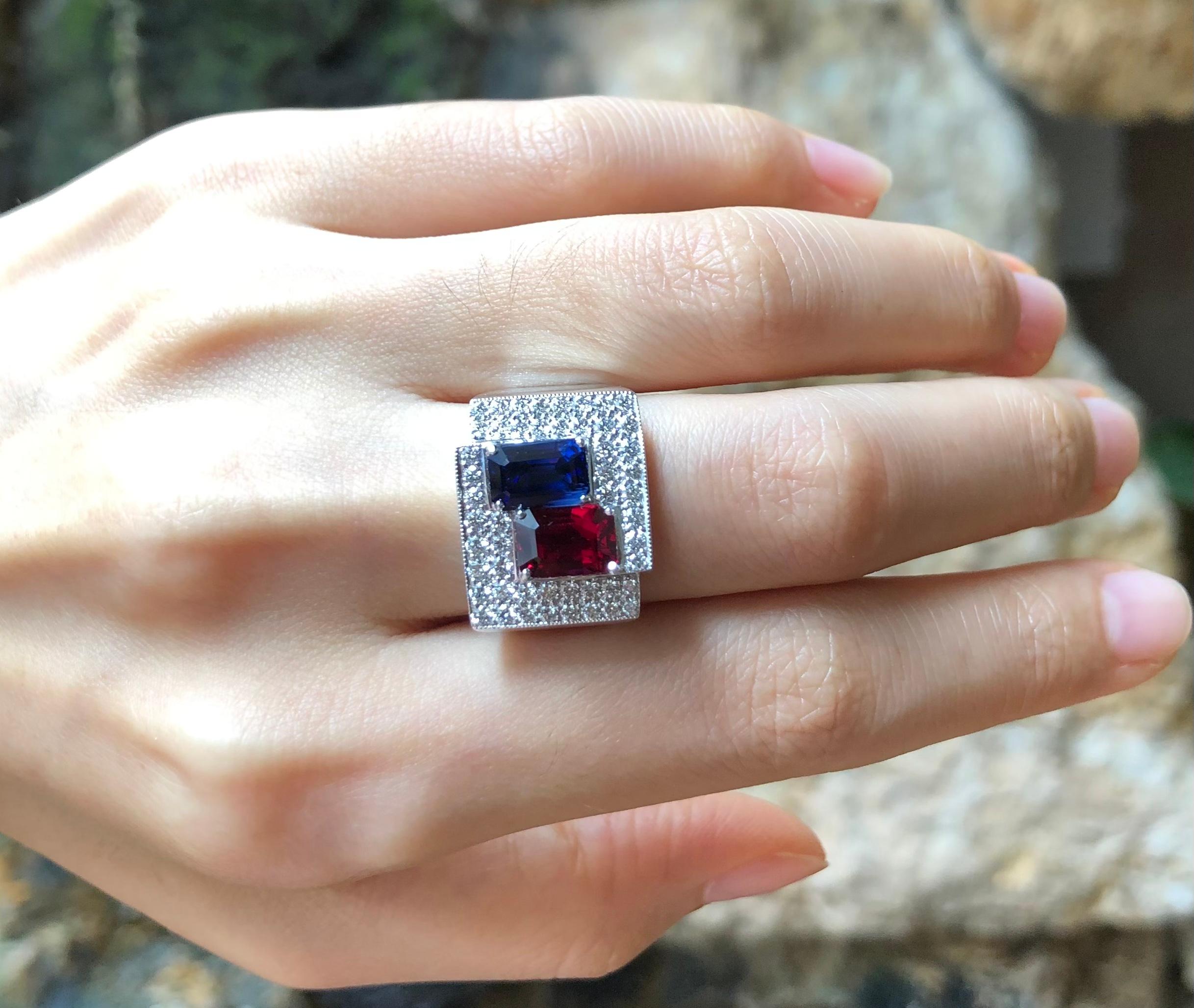 Ruby, Blue Sapphire with Diamond Ring Set in 18 Karat White Gold Settings For Sale 2
