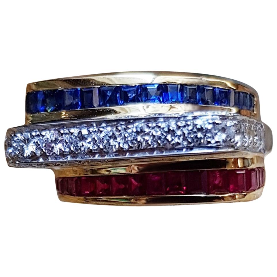 Ruby, Blue Sapphire with Diamond Ring Set in 18 Karat White Gold Settings For Sale