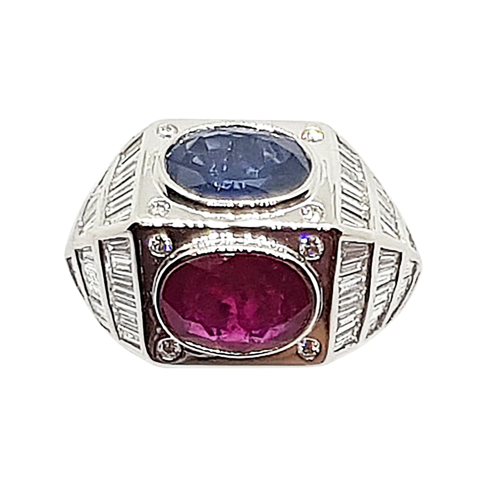 Ruby, Blue Sapphire with Diamond Ring Set in 18 Karat White Gold Settings