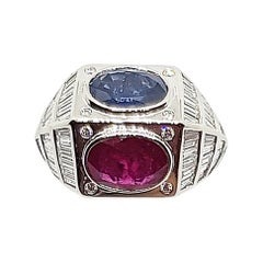 Ruby, Blue Sapphire with Diamond Ring Set in 18 Karat White Gold Settings