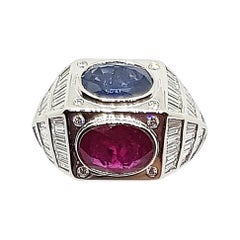 Ruby, Blue Sapphire with Diamond Ring Set in 18 Karat White Gold Settings