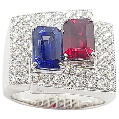 Blue Ruby Diamond Ruby, Blue Sapphire with Diamond Ring Set in 18 Karat White Gold ...