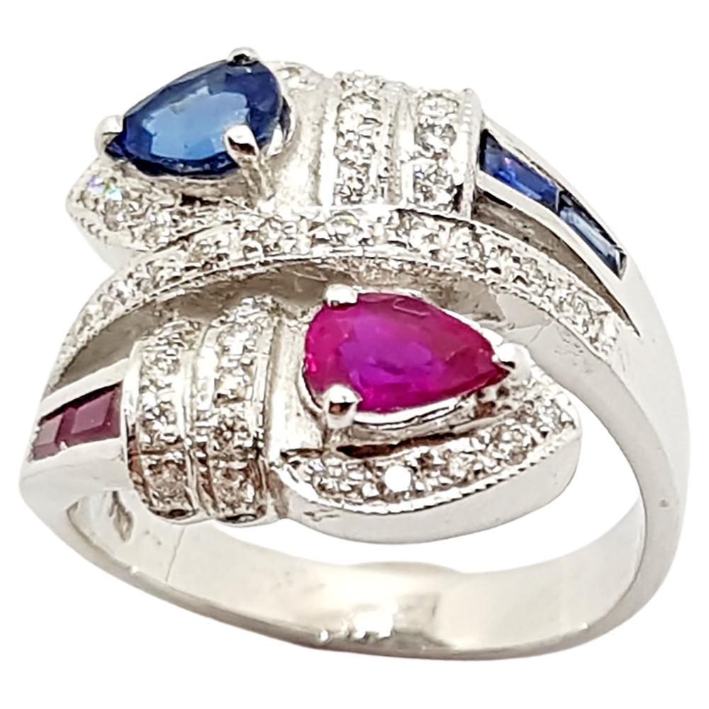 Ruby, Blue Sapphire with Diamond Ring Set in 18 Karat White Gold Settings For Sale