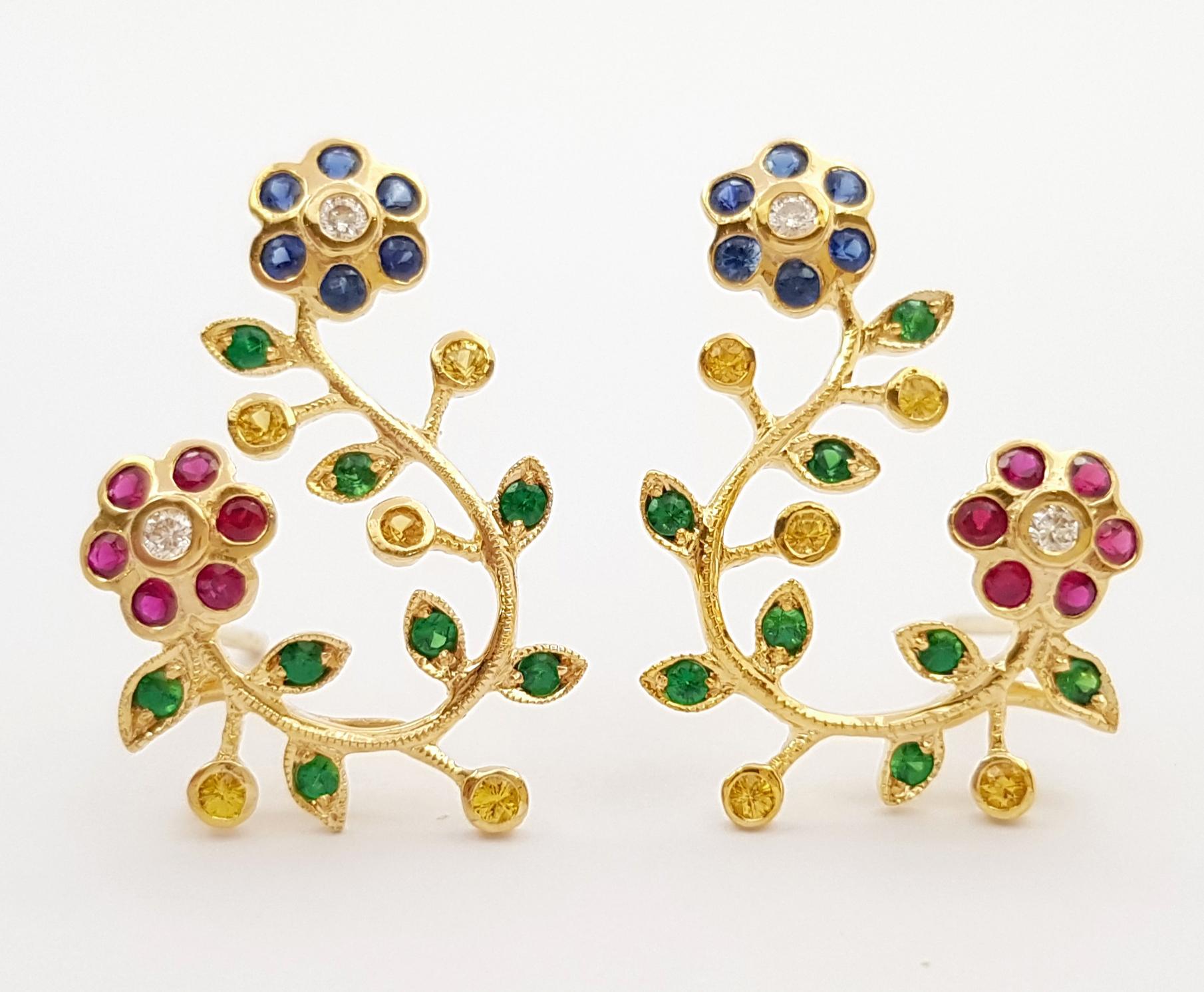 Ruby, Blue Sapphire, Yellow Sapphire, Tsavorite, Diamond Earrings in 18K Gold For Sale 4
