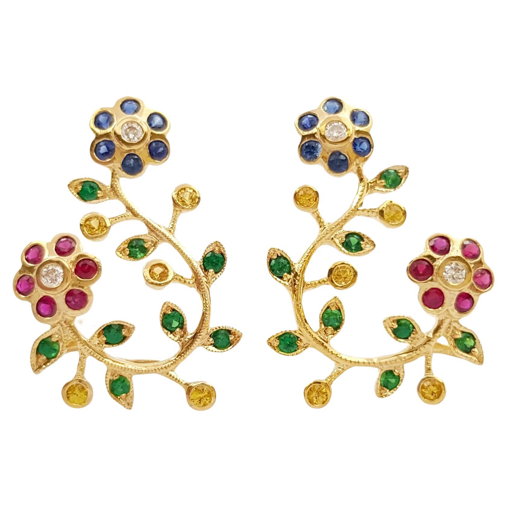 Boucles d'oreilles en or 18 carats avec rubis, saphir bleu, saphir jaune, tsavorite et diamant