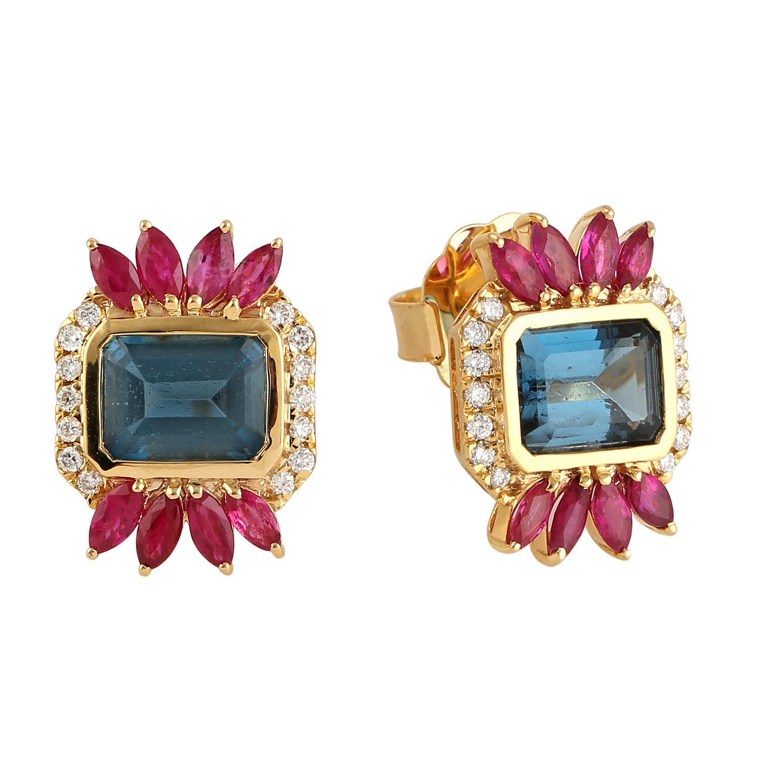 Contemporary Ruby Blue Topaz Diamond 14 Karat Gold Stud Earrings For Sale
