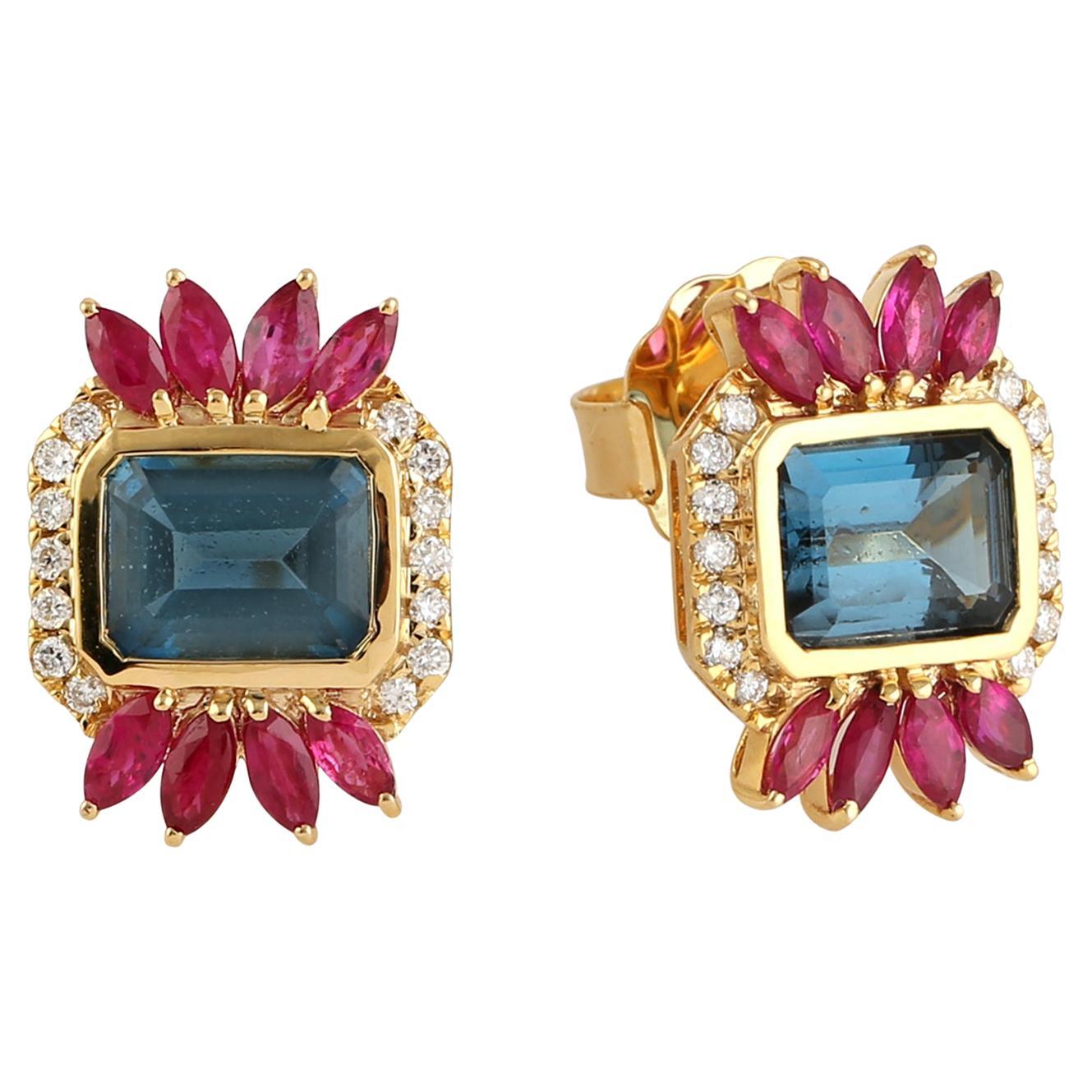 Ruby Blue Topaz Diamond 14 Karat Gold Stud Earrings For Sale