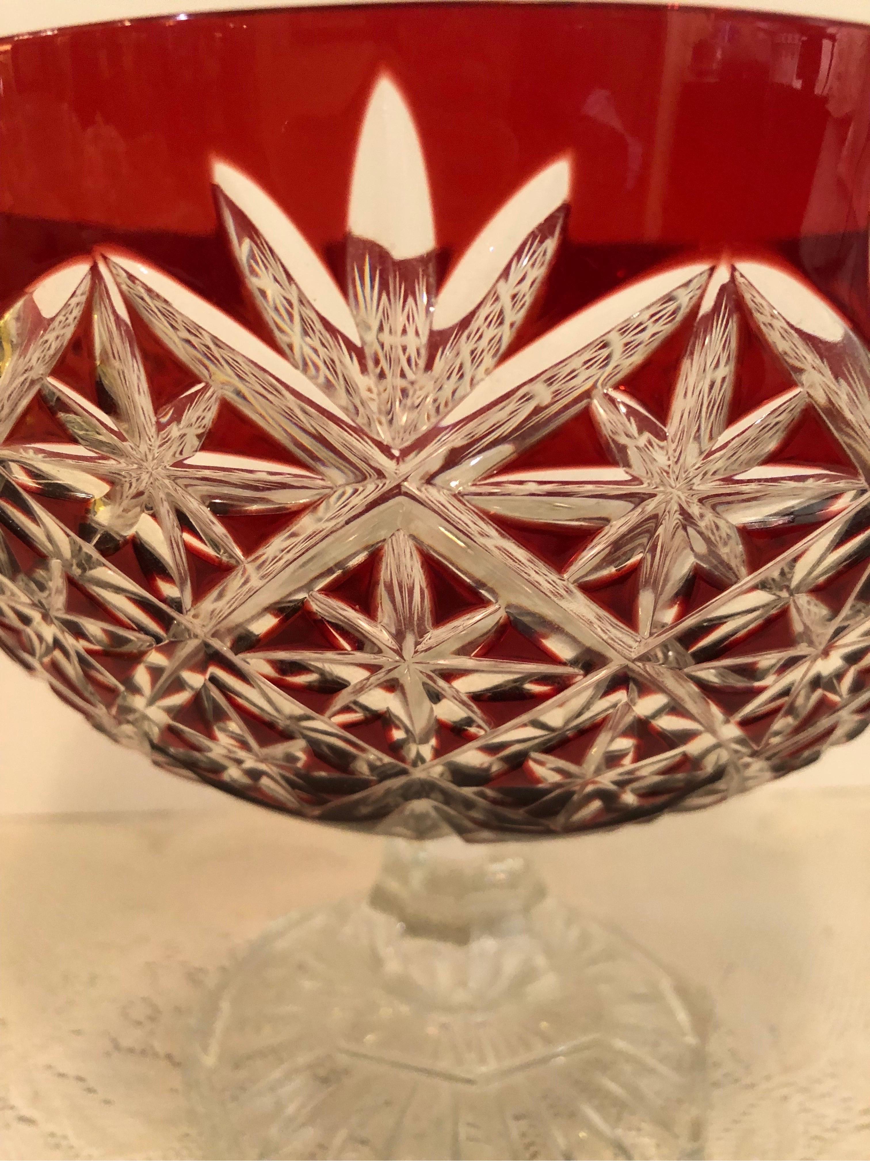 Other Ruby Bohemian Czechoslovakian Cut Crystal Centerpiece Bowl on Clear Cut Pedestal For Sale