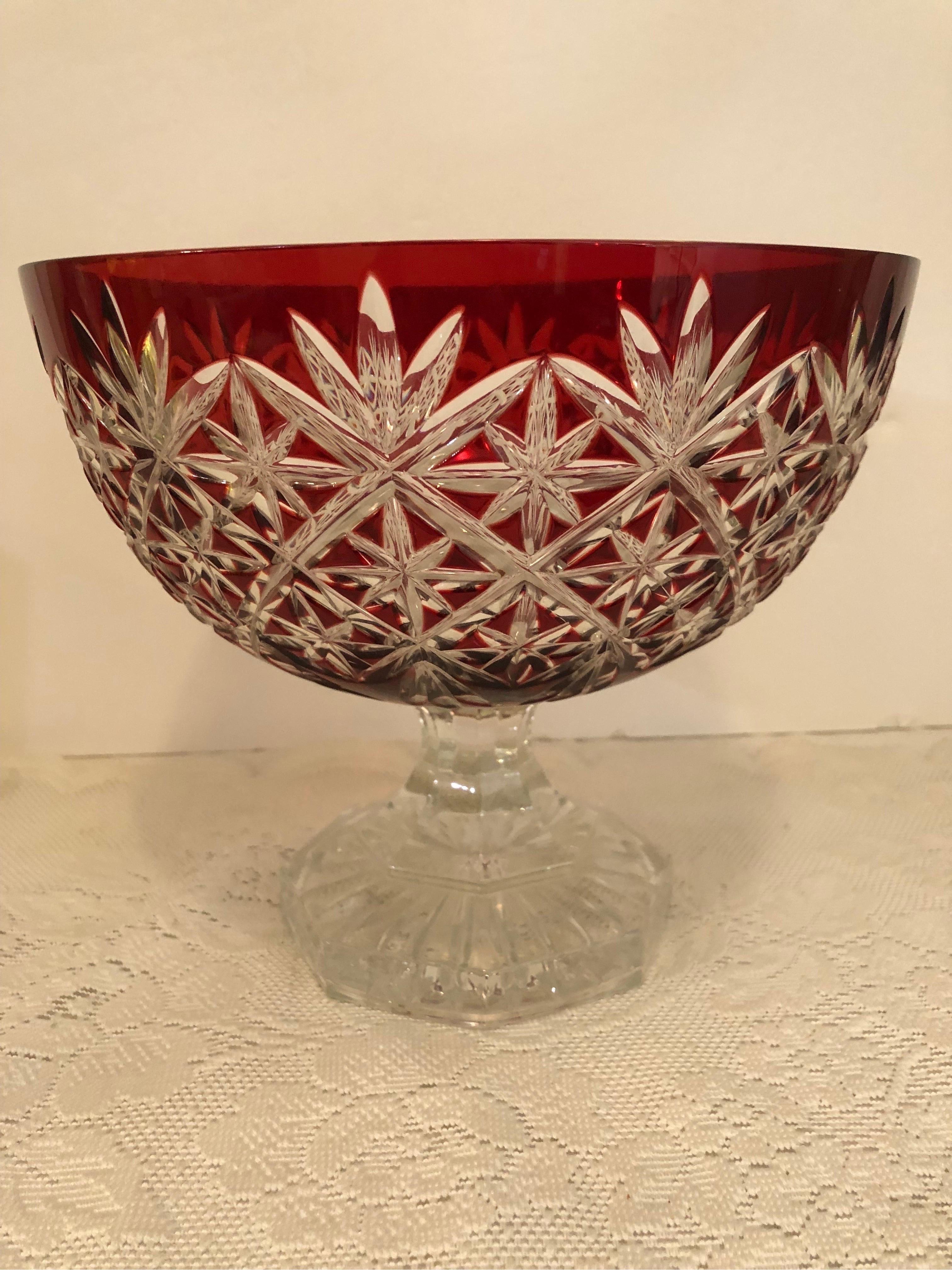 Ruby Bohemian Czechoslovakian Cut Crystal Centerpiece Bowl on Clear Cut Pedestal In Good Condition For Sale In Boston, MA