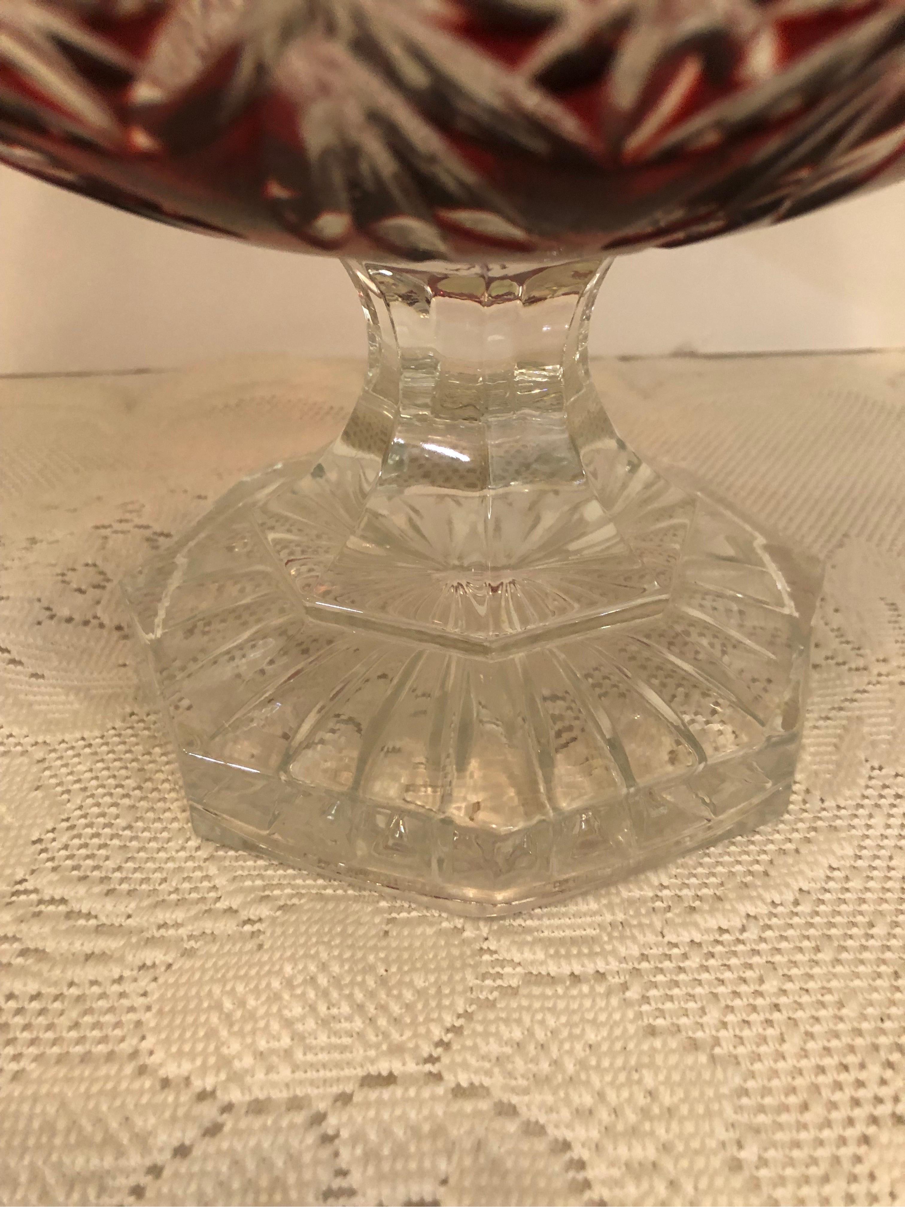 Mid-20th Century Ruby Bohemian Czechoslovakian Cut Crystal Centerpiece Bowl on Clear Cut Pedestal For Sale