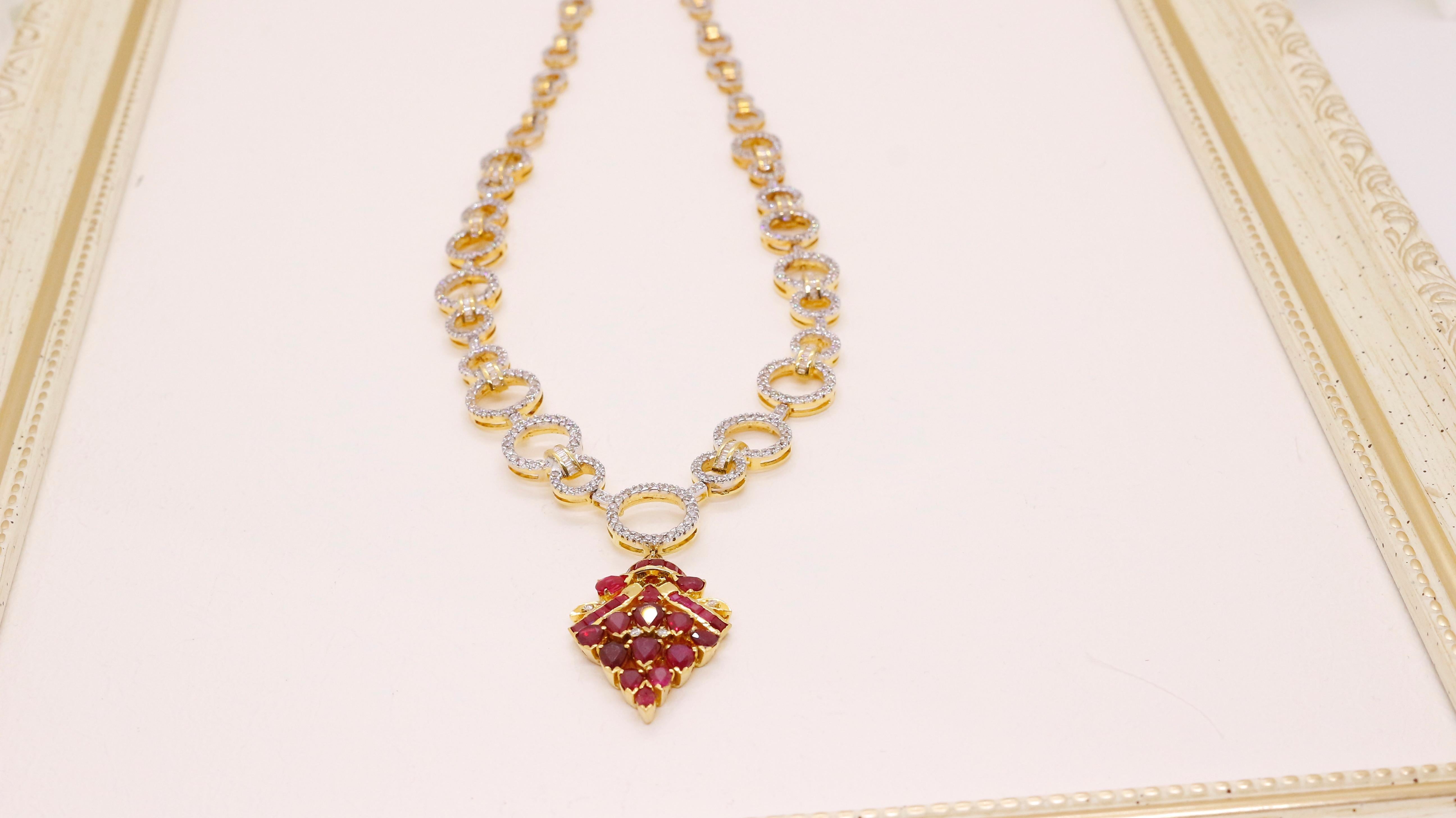 Adorn yourself with the captivating beauty of our Ruby Bouquet Necklace. This exquisite bouquet pendant necklace features a stunning cluster of vibrant rubies that symbolize love and passion styled like a flower bouquet. The lustrous rubies are