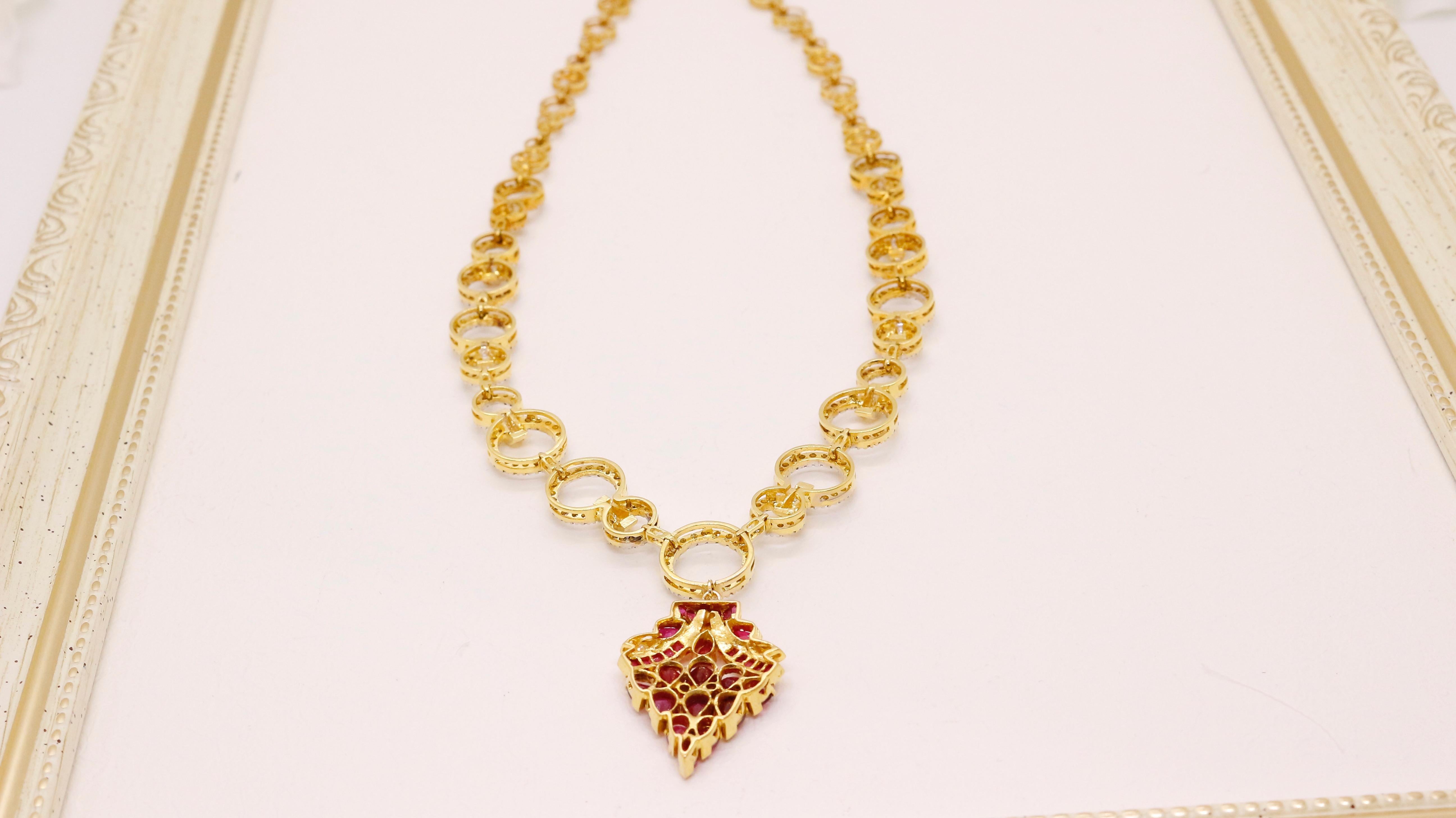 Baguette Cut Ruby Bouquet Necklace: Pendant with Hoop Diamond Necklace For Sale