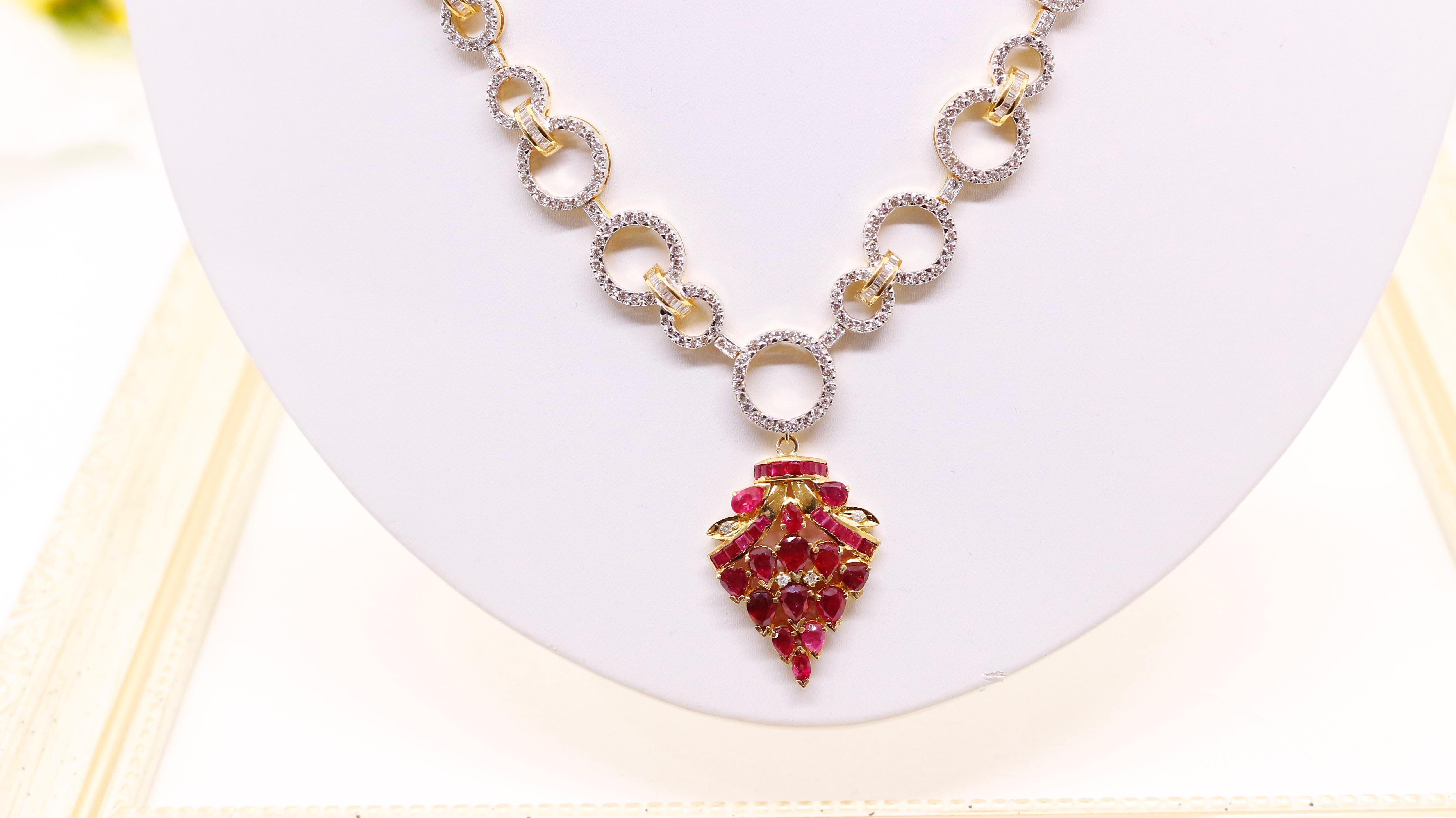 Women's Ruby Bouquet Necklace: Pendant with Hoop Diamond Necklace For Sale